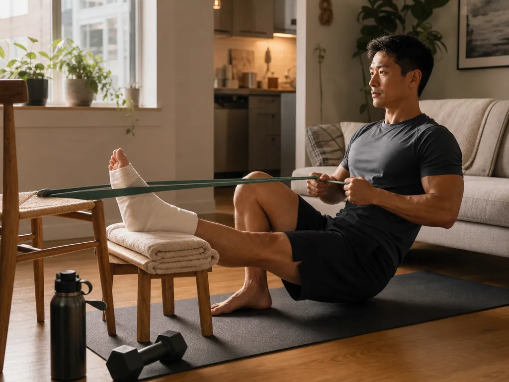 Athletic adult doing a seated resistance band row in a small apartment with the injured foot propped on a towel