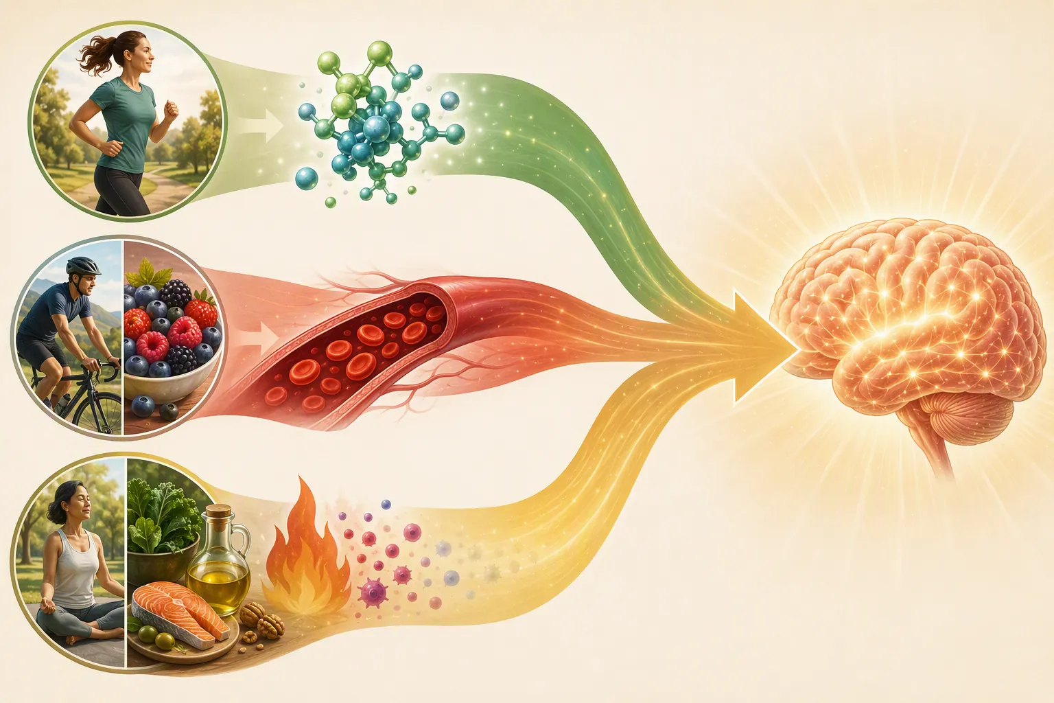 Three brain-health pathways showing BDNF upregulation, cerebral blood flow improvement, and inflammation reduction converging toward a brain