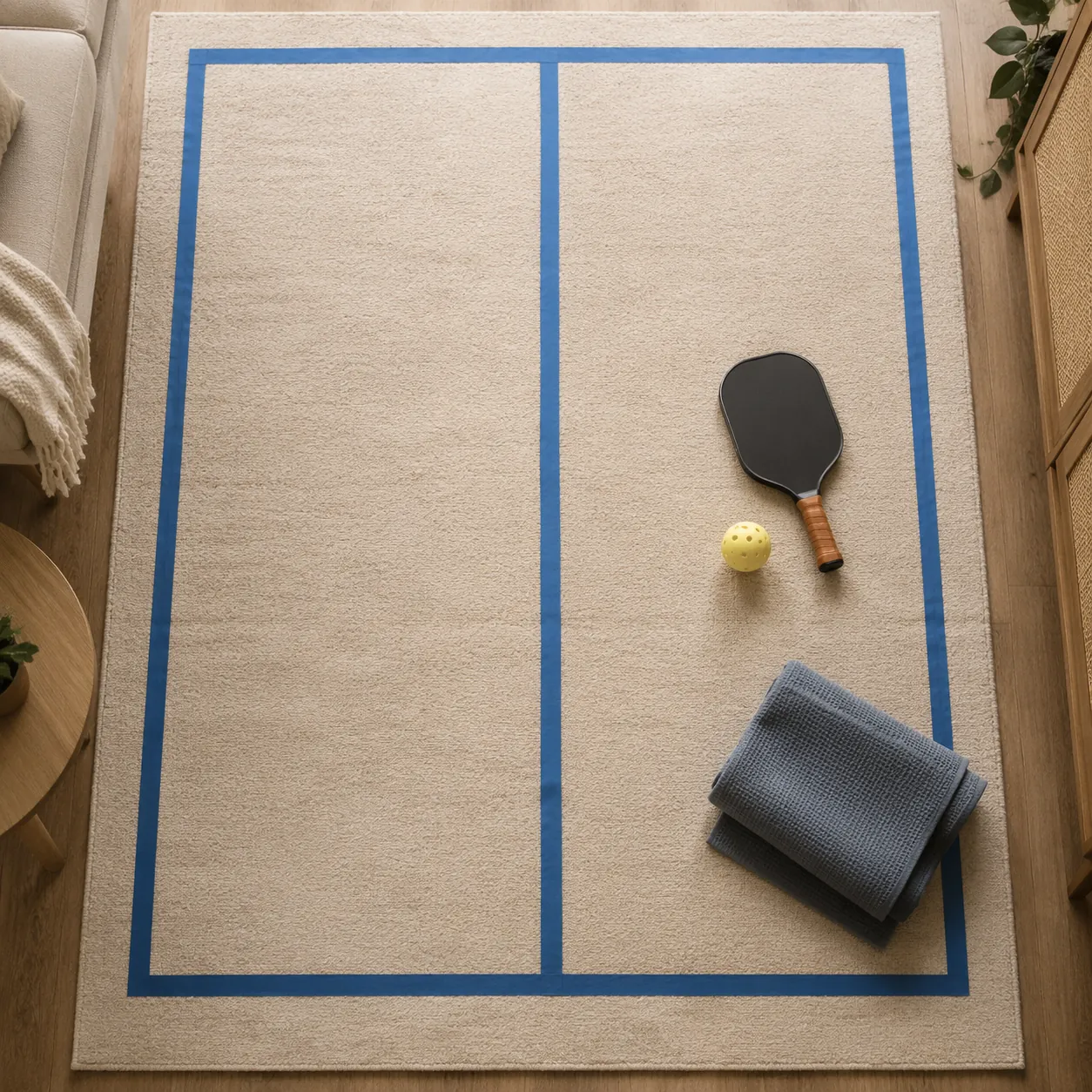 Top-down view of a renter-safe pickleball practice setup with painter’s tape lines, paddle, foam ball, and towel on a rug