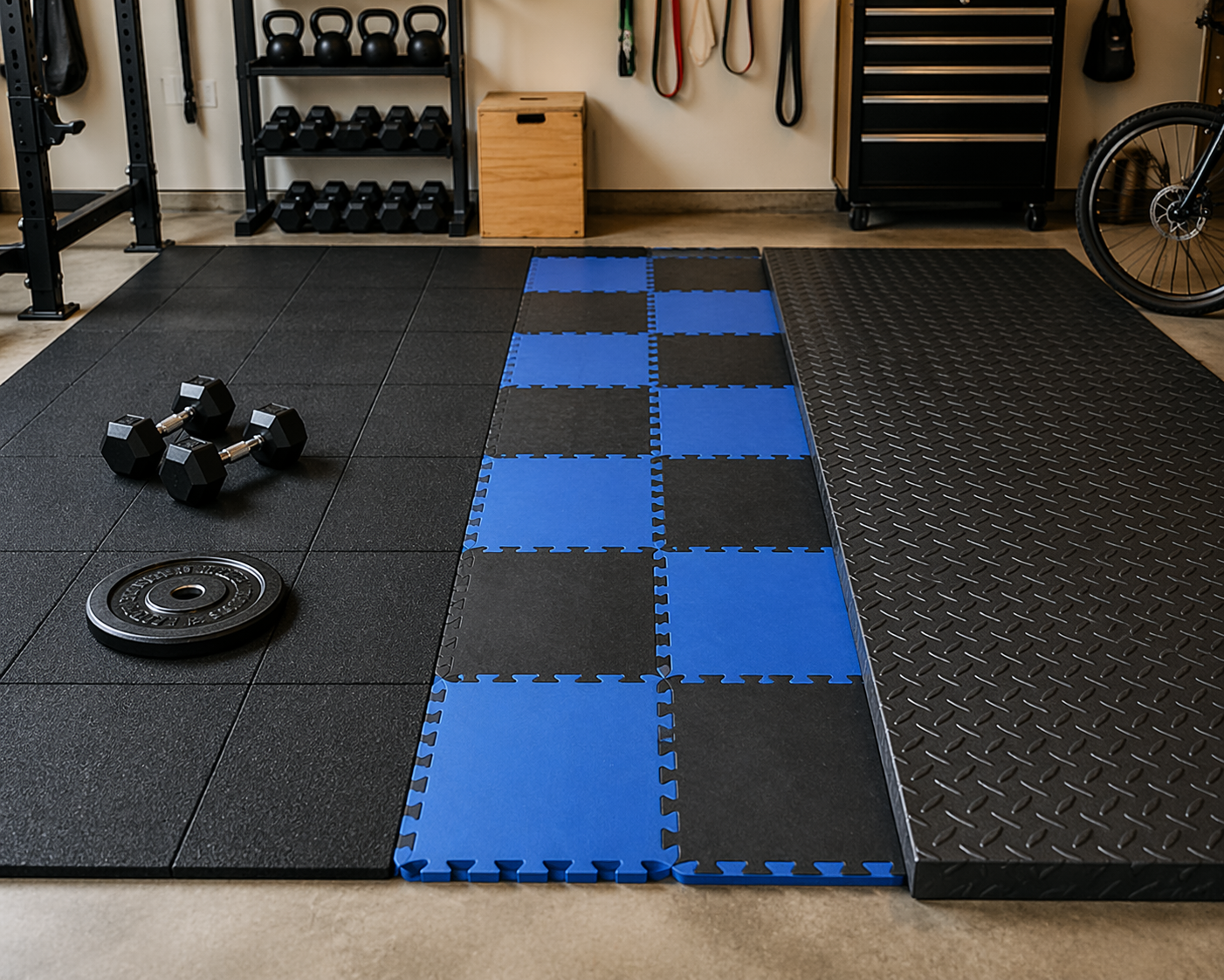 Three common home gym flooring materials shown side by side: rubber interlocking tiles, EVA foam puzzle mats, and a horse stall mat