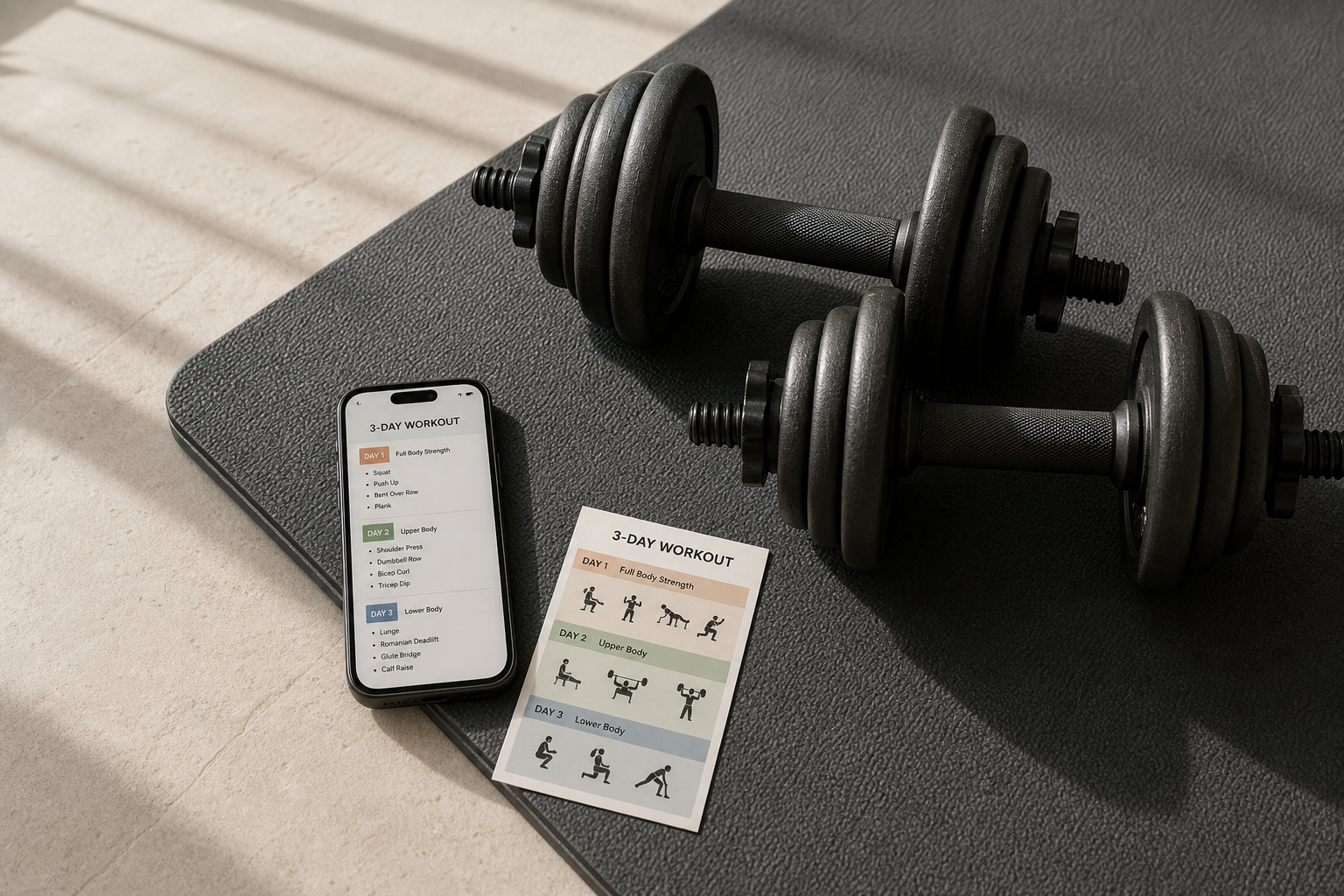 A flat lay of adjustable dumbbells on a dark grey gym mat, with a smartphone showing a 3-day workout schedule and a small note card nearby, warm natural light casting soft shadows.