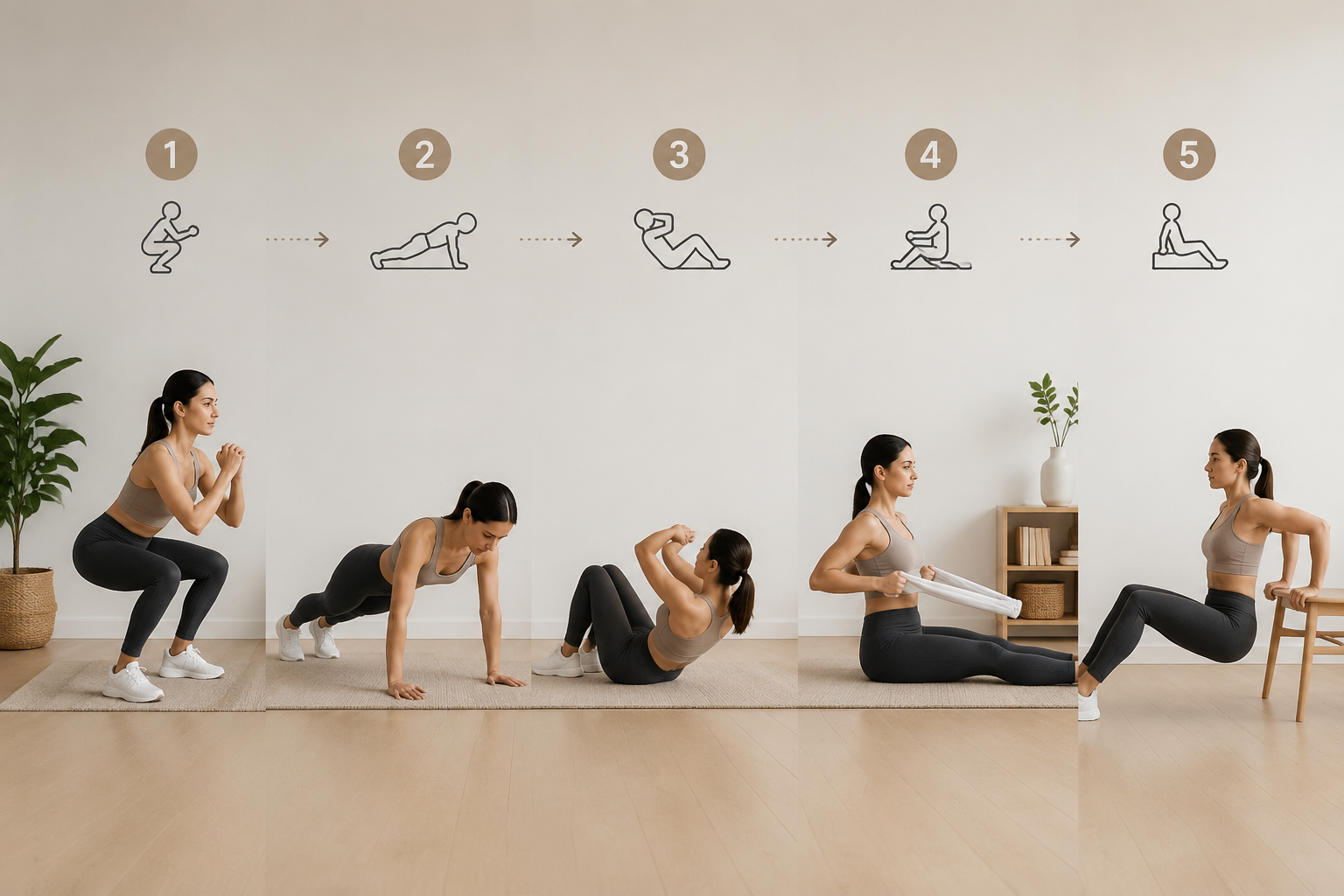 Five bodyweight exercises in a home circuit layout including squats, push-ups, sit-ups, towel rows, and chair dips