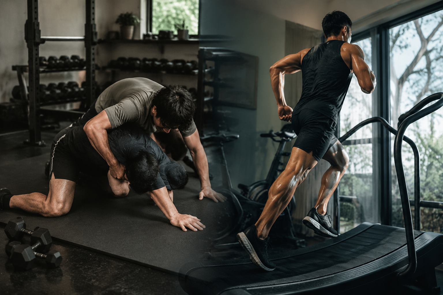 Home gym split between explosive wrestling-style positional work and incline cardio conditioning