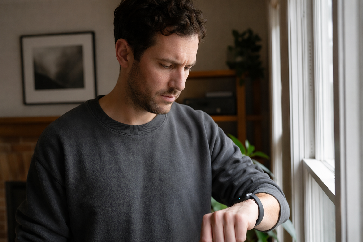 Person at home looking thoughtfully at a fitness tracker at dawn