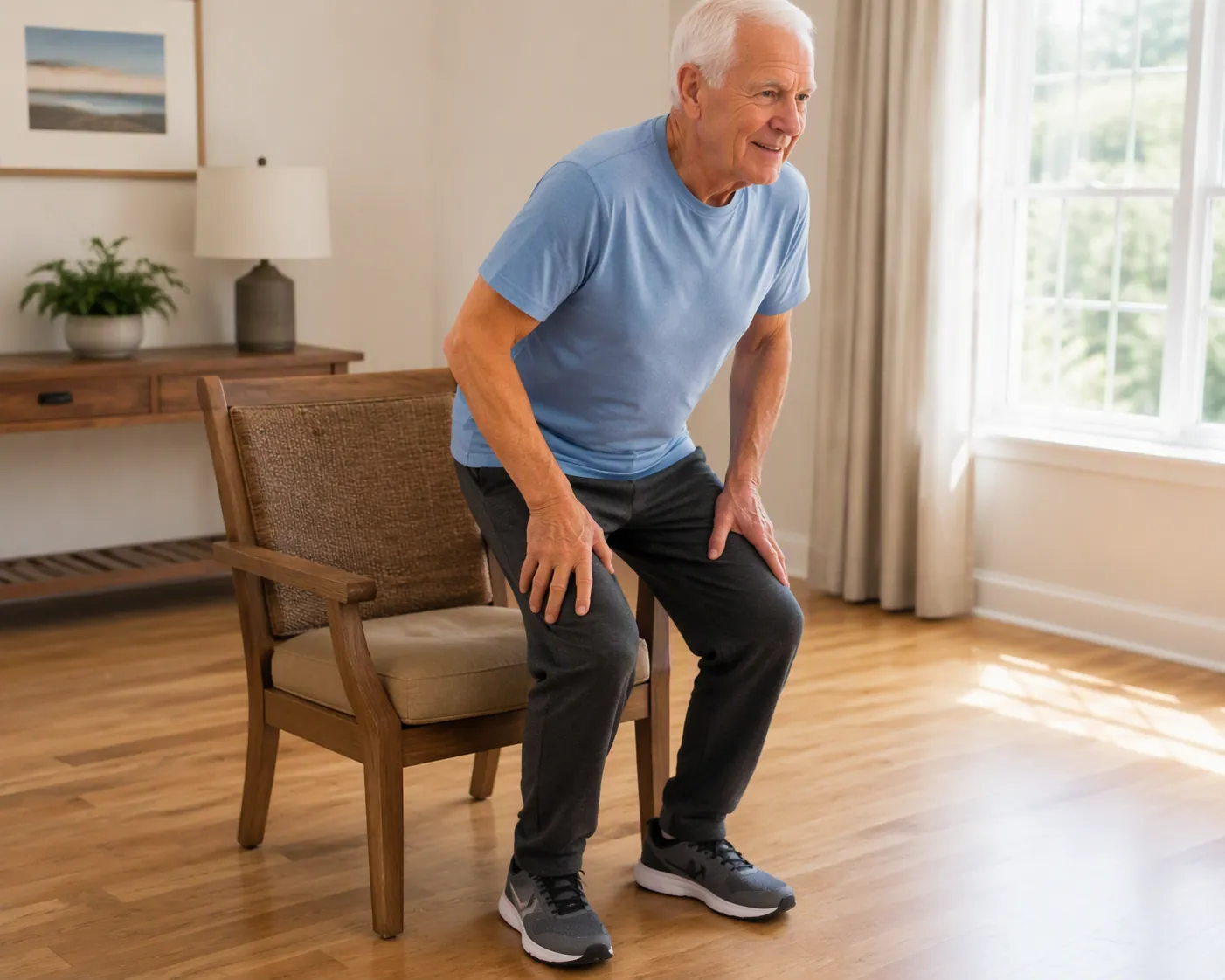 Older man rising from a sturdy chair during a sit-to-stand exercise