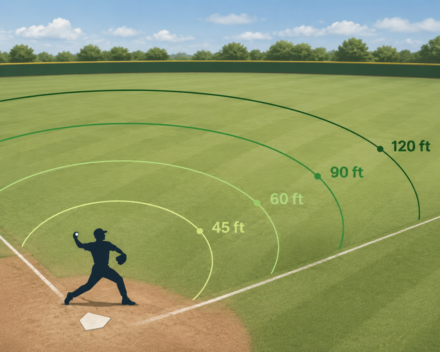 A throwing-distance diagram showing progressive arcs at 45 feet, 60 feet, 90 feet, and 120 feet.