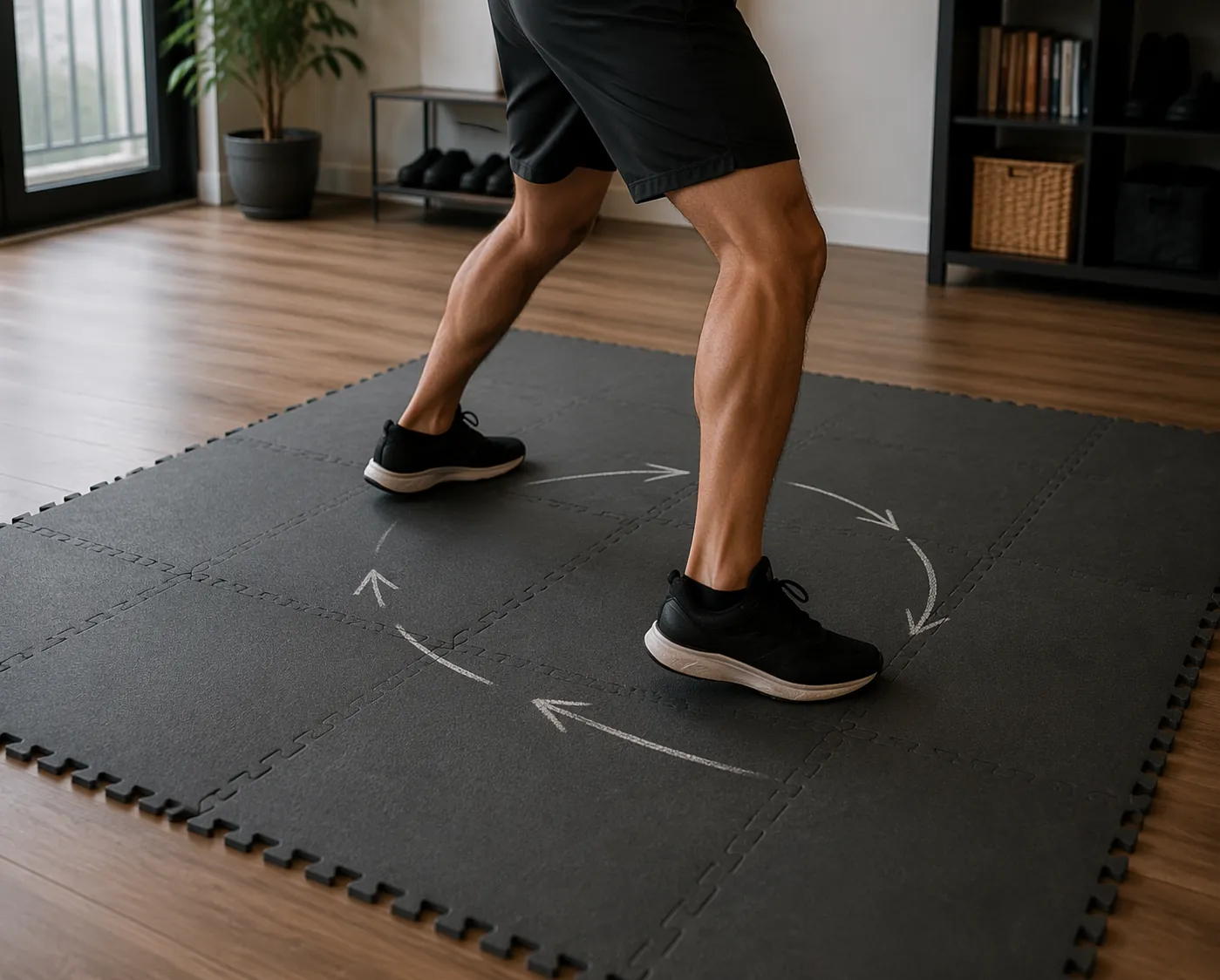 Boxing stance on foam mats with compact slip and pivot markings
