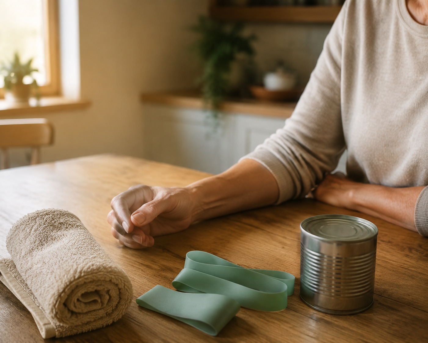 A calm home rehab setup with a resistance band, soup can, and rolled towel on a wooden table