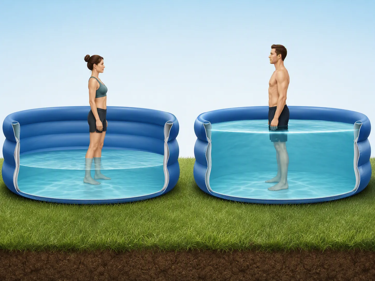 Cutaway comparison of a shallow inflatable pool and a waist-deep inflatable pool