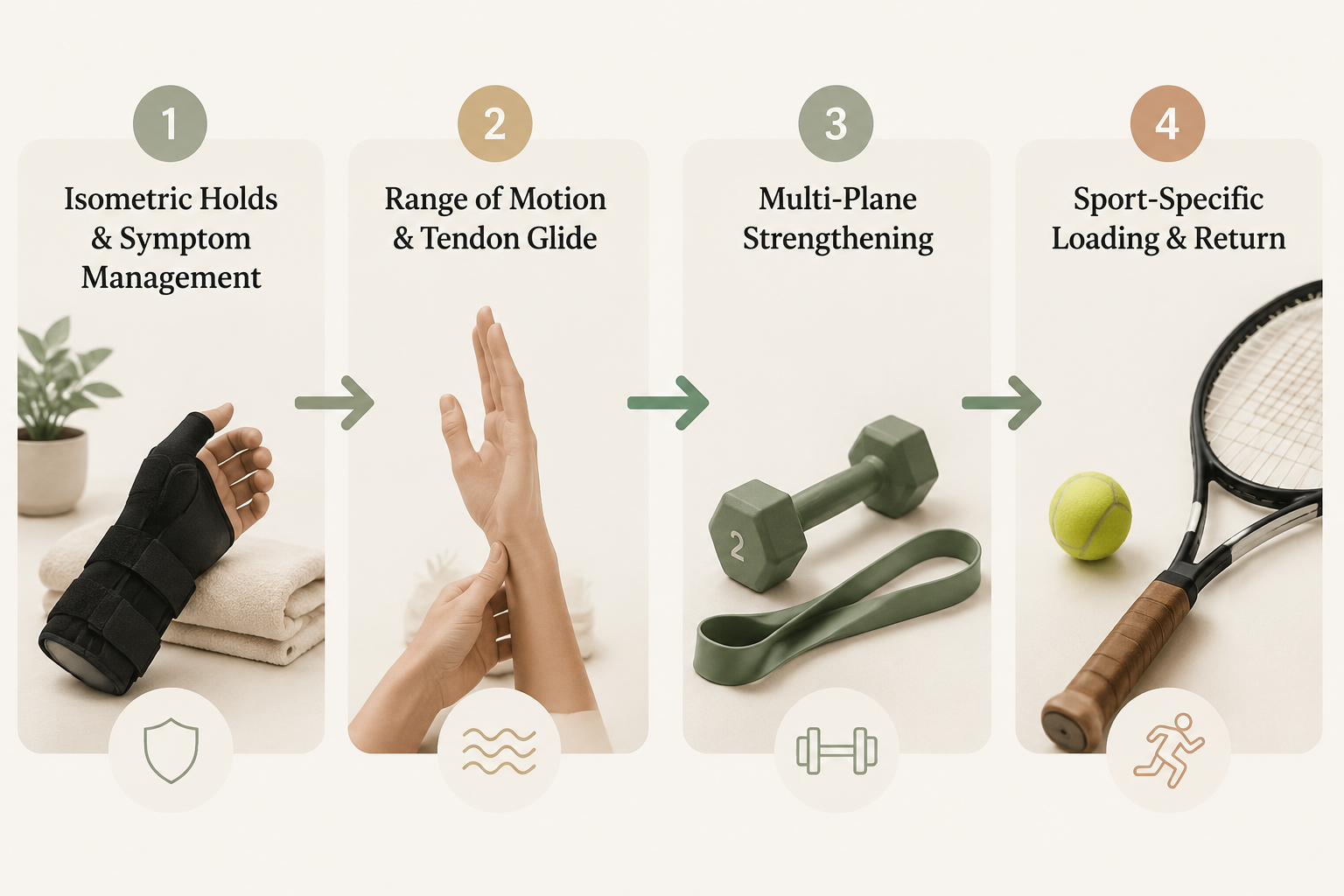 Four-phase wrist rehab progression from isometrics to tendon glides, strengthening, and tennis-specific loading
