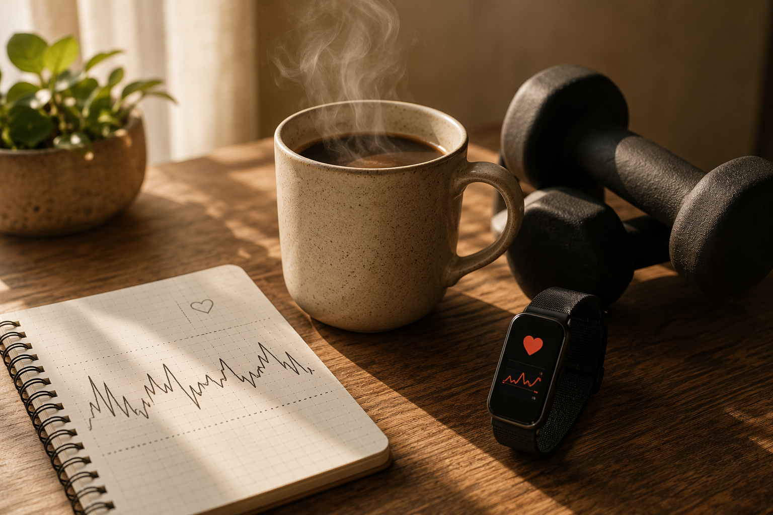 Coffee mug, dumbbells, fitness watch, and HRV notes on a wooden table