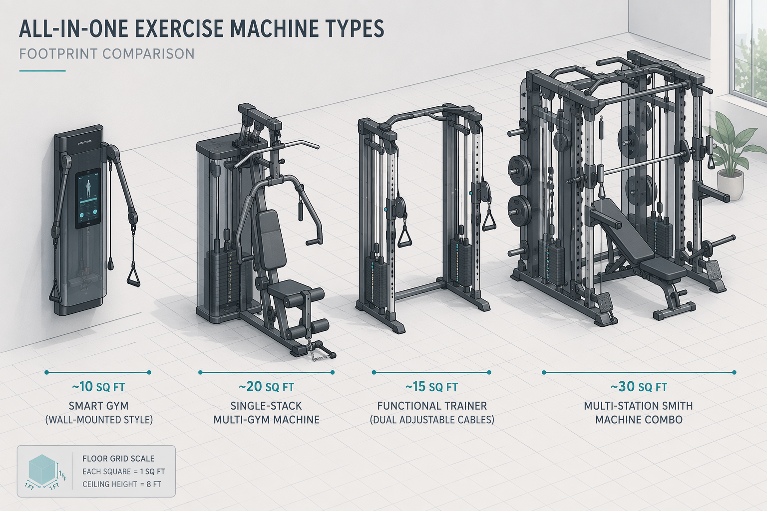 A 2.5D isometric technical illustration showing four all-in-one exercise machine silhouettes arranged from smallest to largest footprint on a grid floor, with teal dimension lines and square footage labels beneath each silhouette.