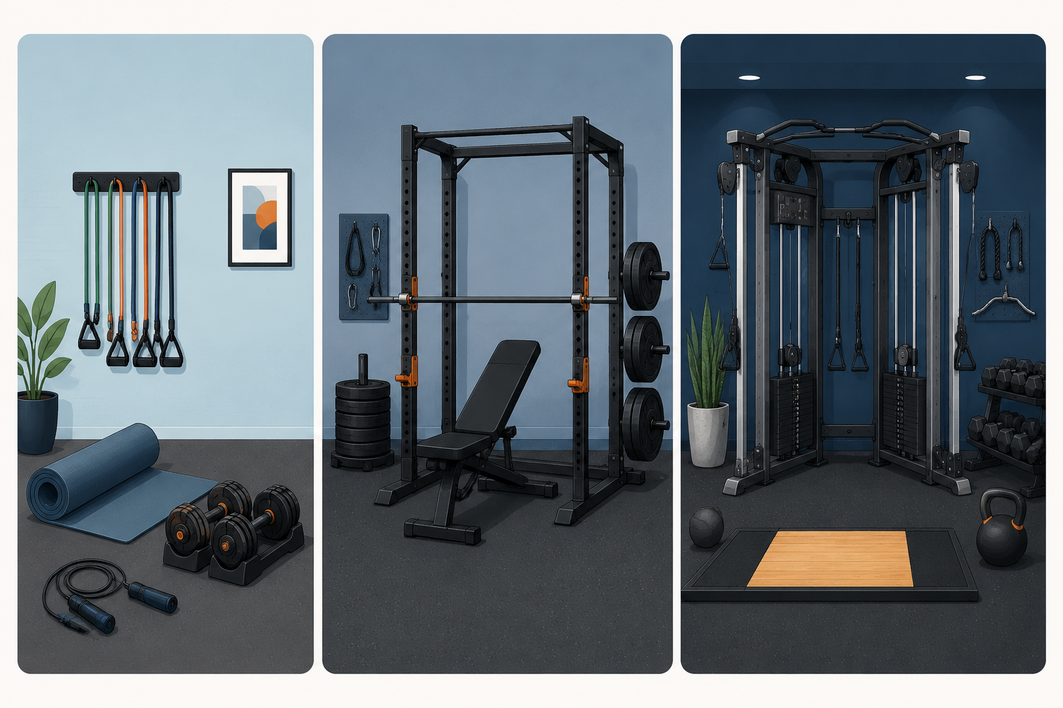 Home gym equipment organized by under $500, $500 to $2,000, and over $2,000 budget tiers