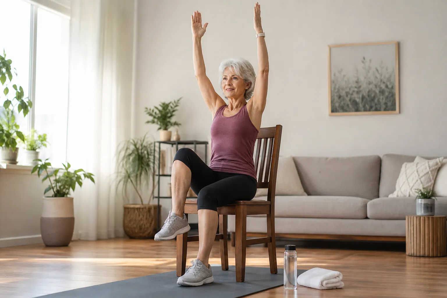 Older woman performing a seated interval exercise from a sturdy chair