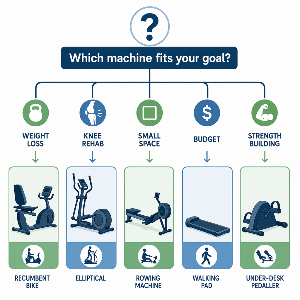 Decision flowchart infographic with a question icon at top branching to five paths, each leading to a flat silhouette icon of a different exercise machine with goal icons for weight loss, knee rehab, small space, budget, and strength.