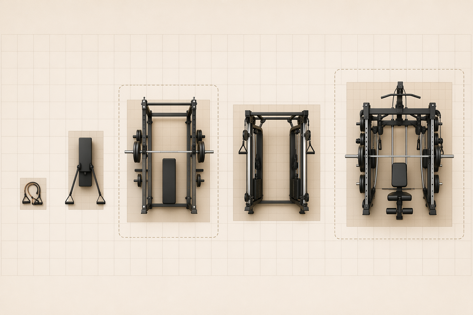 Floor plan footprint comparison of resistance bands, smart gym, functional trainer, power rack, and all-in-one machine