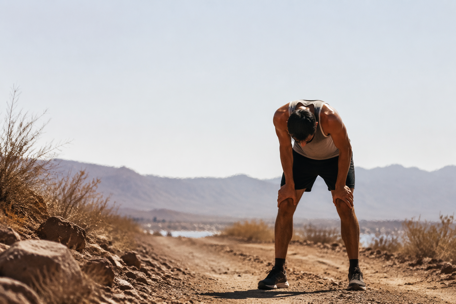 Runner showing strain on a hot sun-baked trail