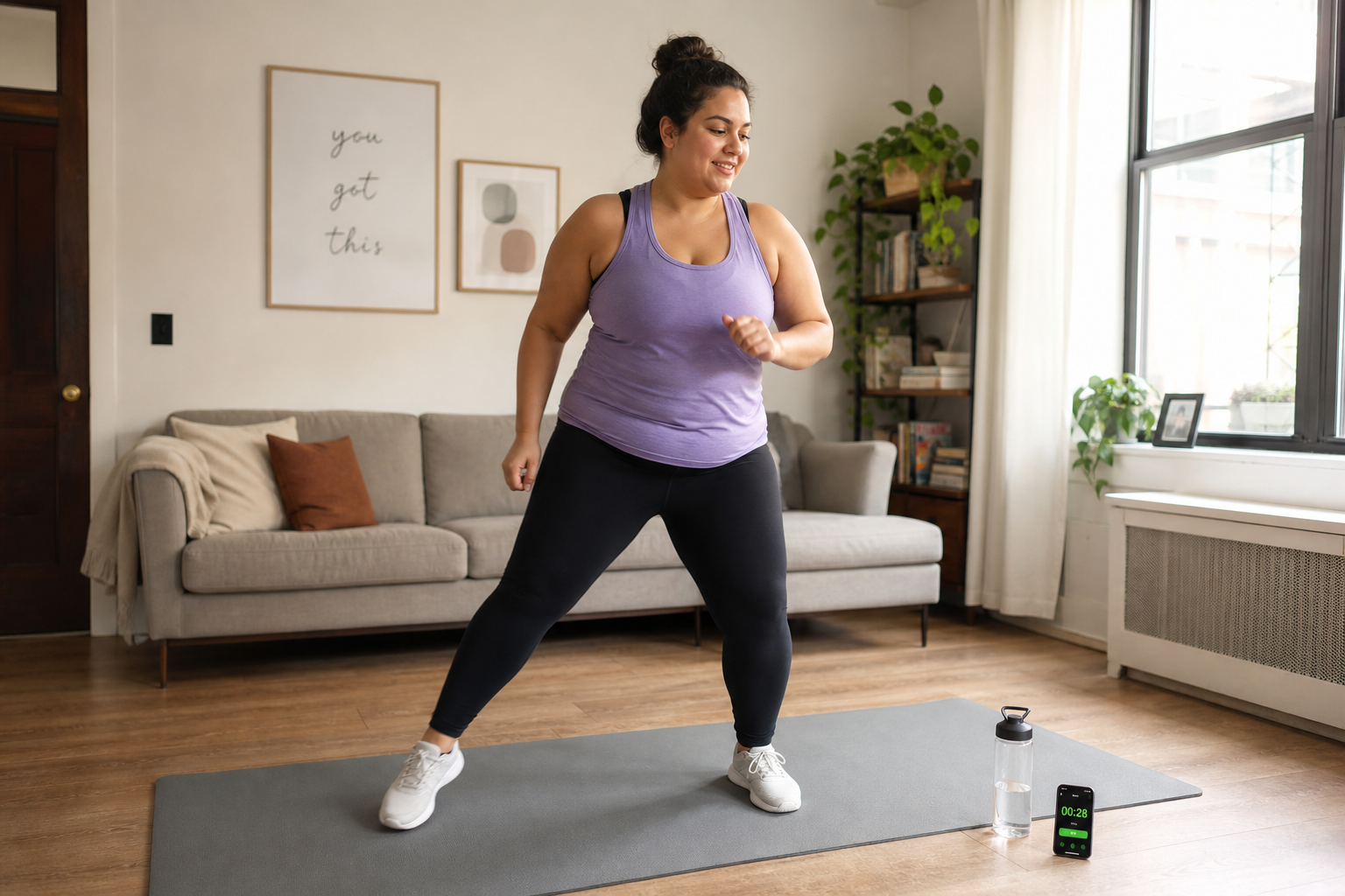 A person in athletic wear stands on a yoga mat in a sunlit apartment living room, performing a controlled step-touch jack motion near a window.