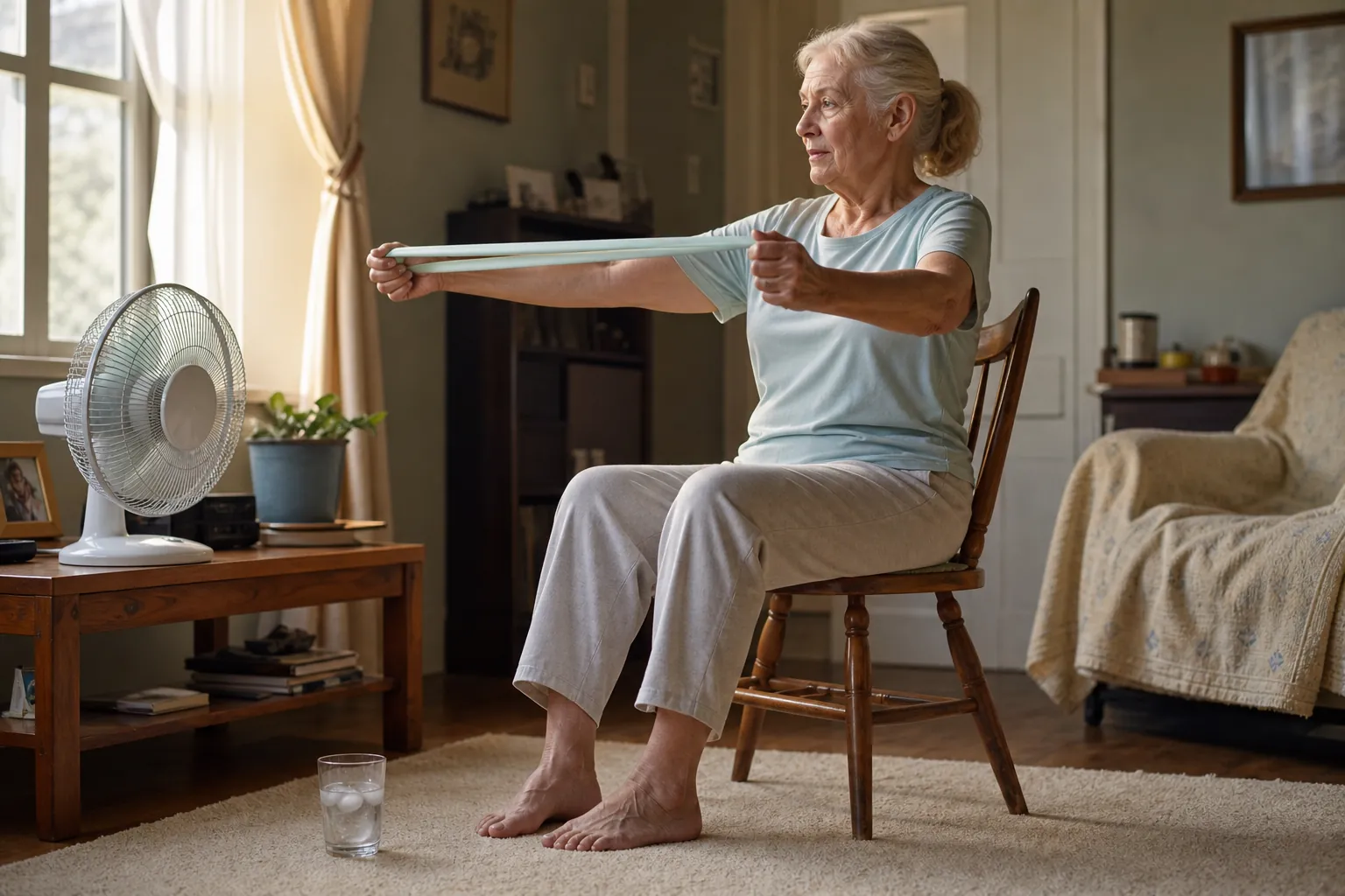 Older woman seated in a modest apartment using a resistance band with a fan and iced water nearby