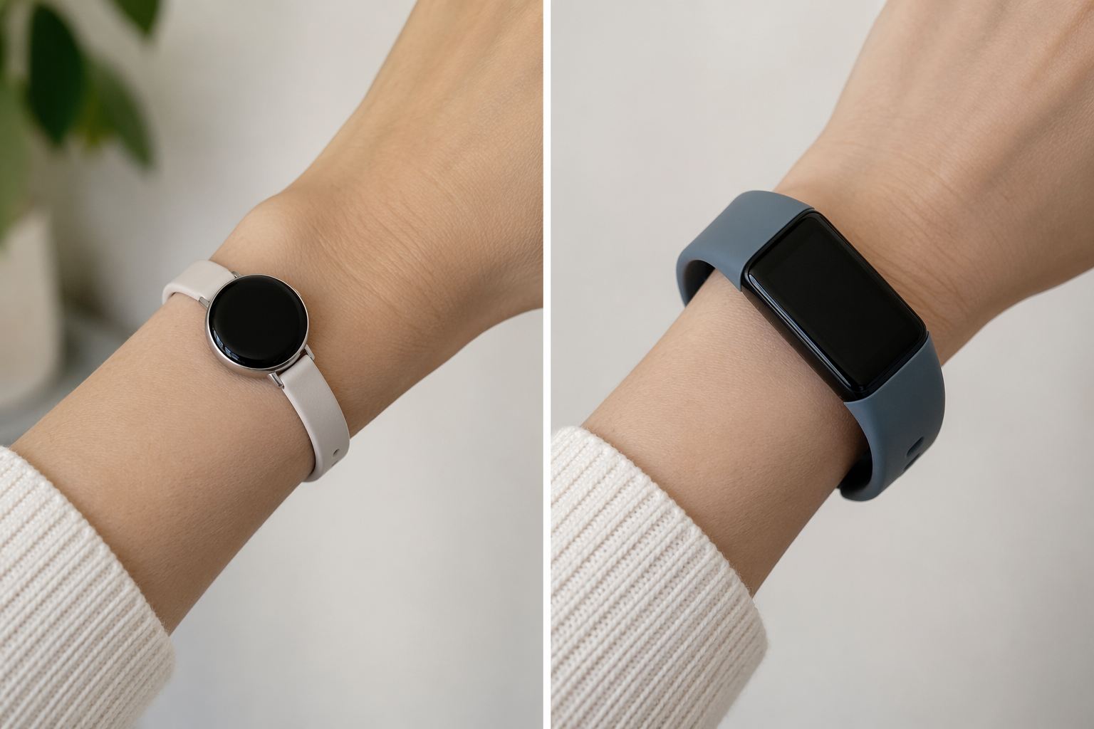 Slim tracker fitting flush on a small wrist compared with a bulkier tracker that gapes and slides up the forearm