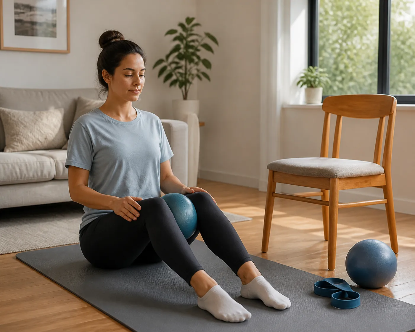 Apartment mat setup with a soft ball, resistance band, chair, and a person gently squeezing the ball between their knees