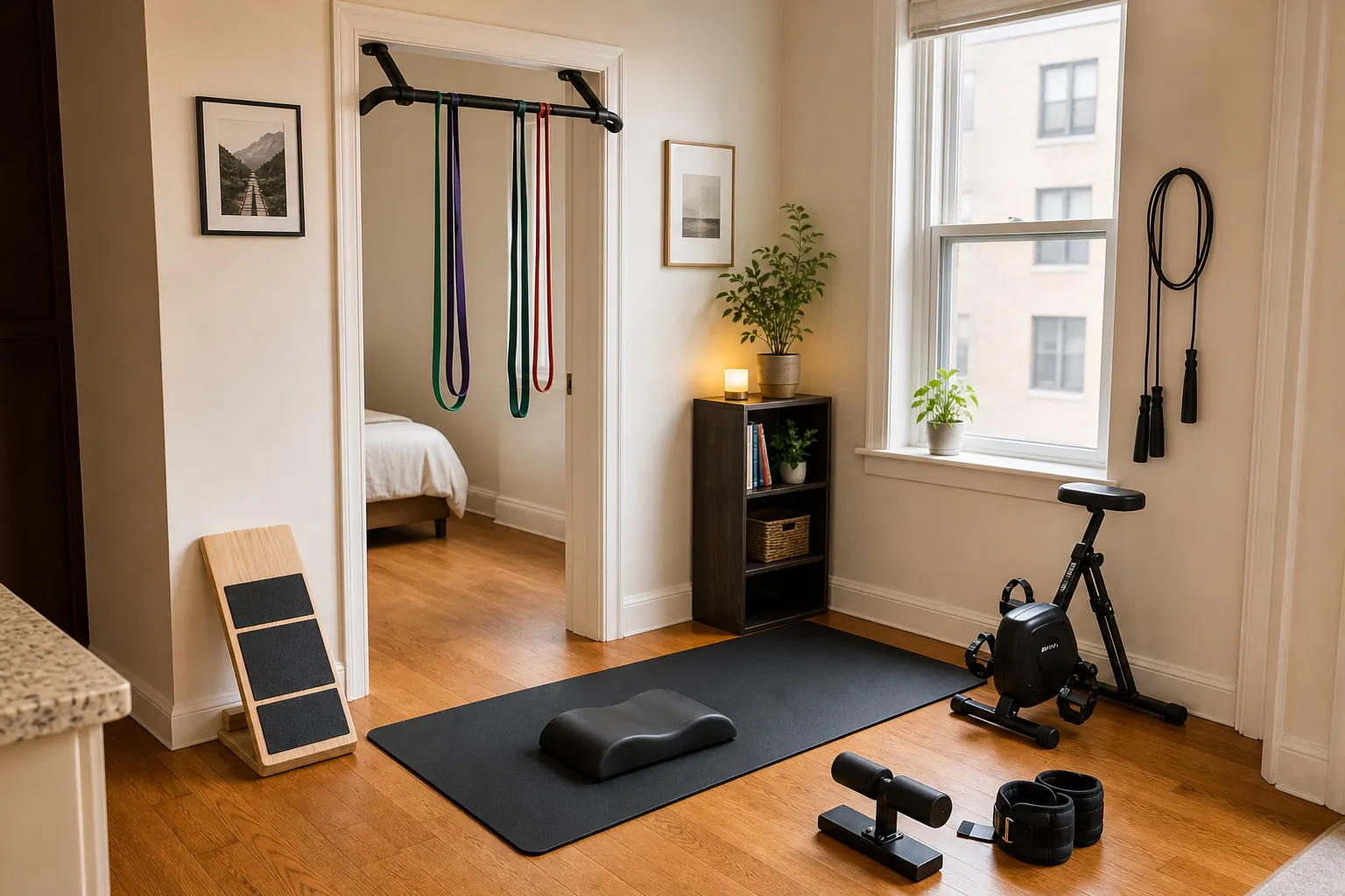 Small apartment corner with pull-up bar, resistance bands, slant board, floor mat, tibialis gear, jump rope, and compact bike