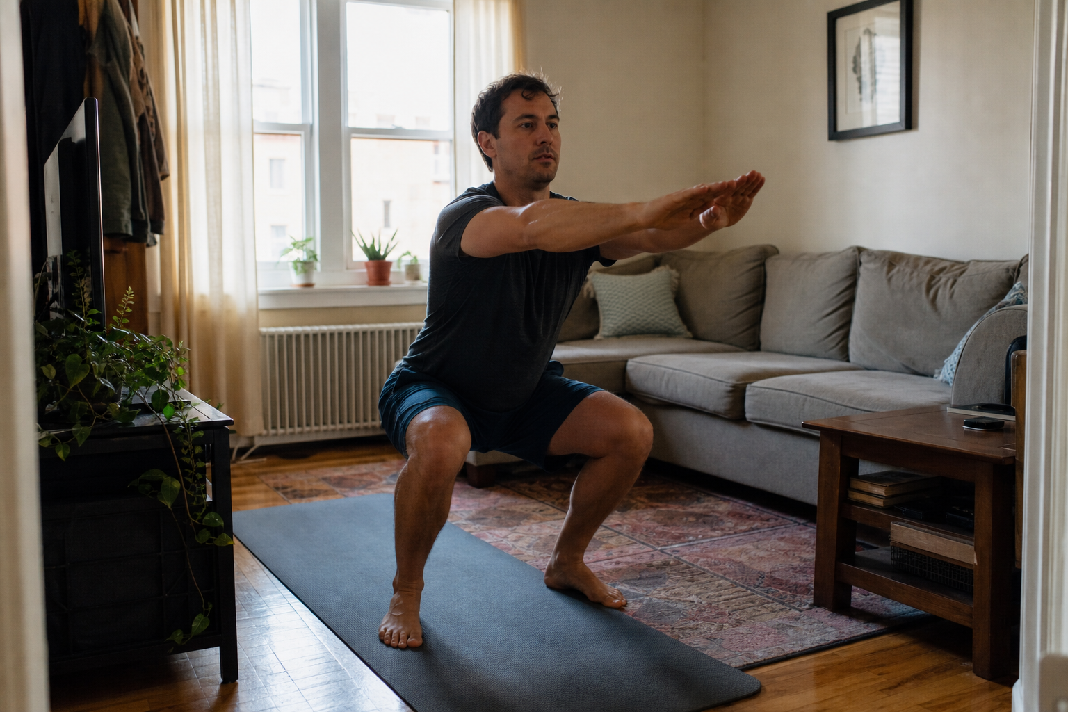 Adult in casual athletic wear performing a bodyweight squat on a yoga mat in a small living room with a couch and natural light visible in the background.