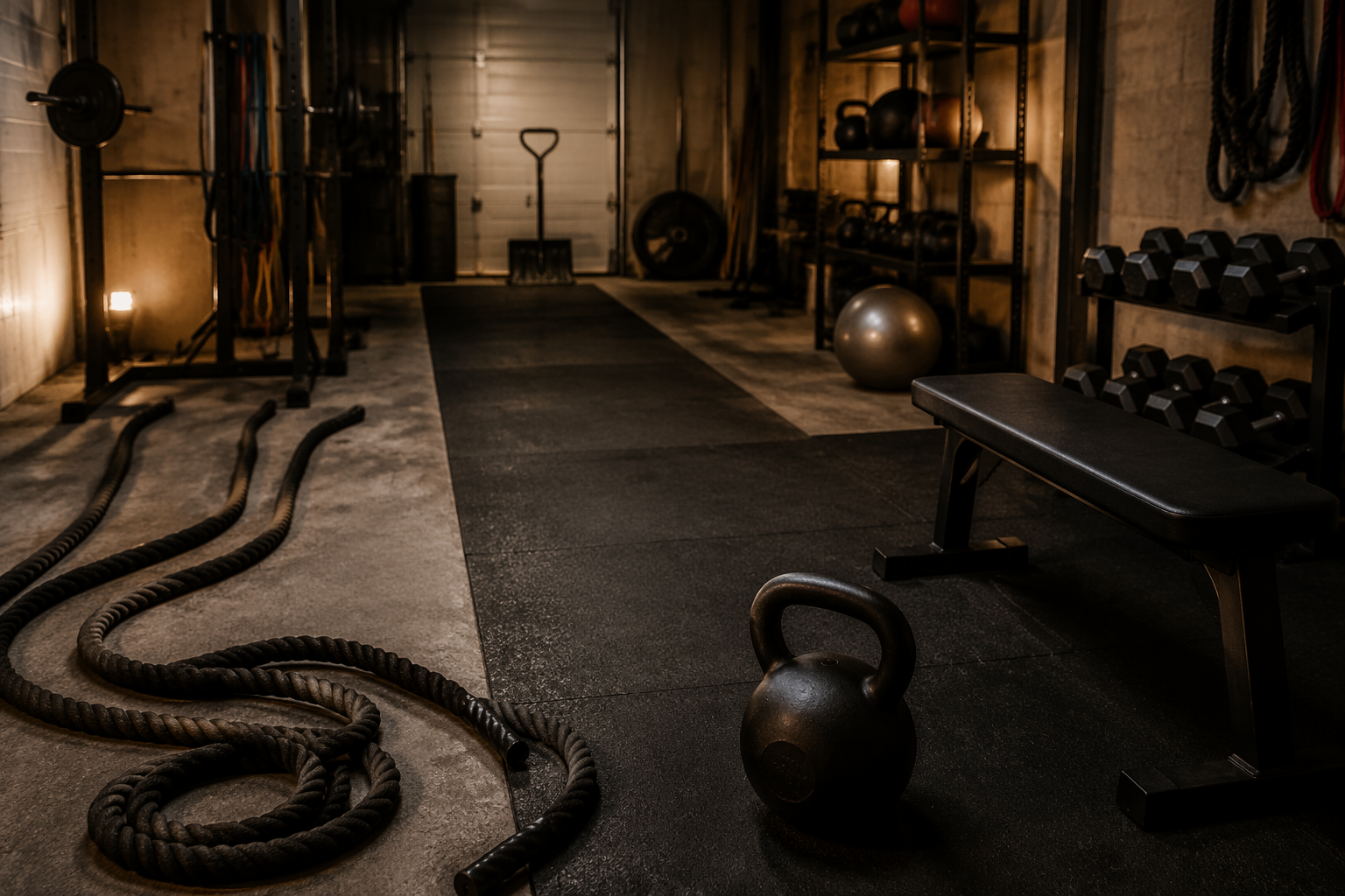 Home garage gym with battle ropes, kettlebell, bench, and open mat space for conditioning work