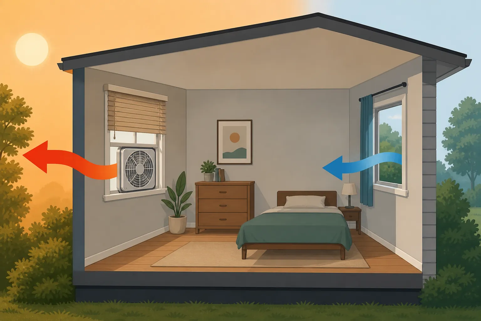 Room airflow diagram with a window fan exhausting hot air, cooler intake air, and blinds partly closed