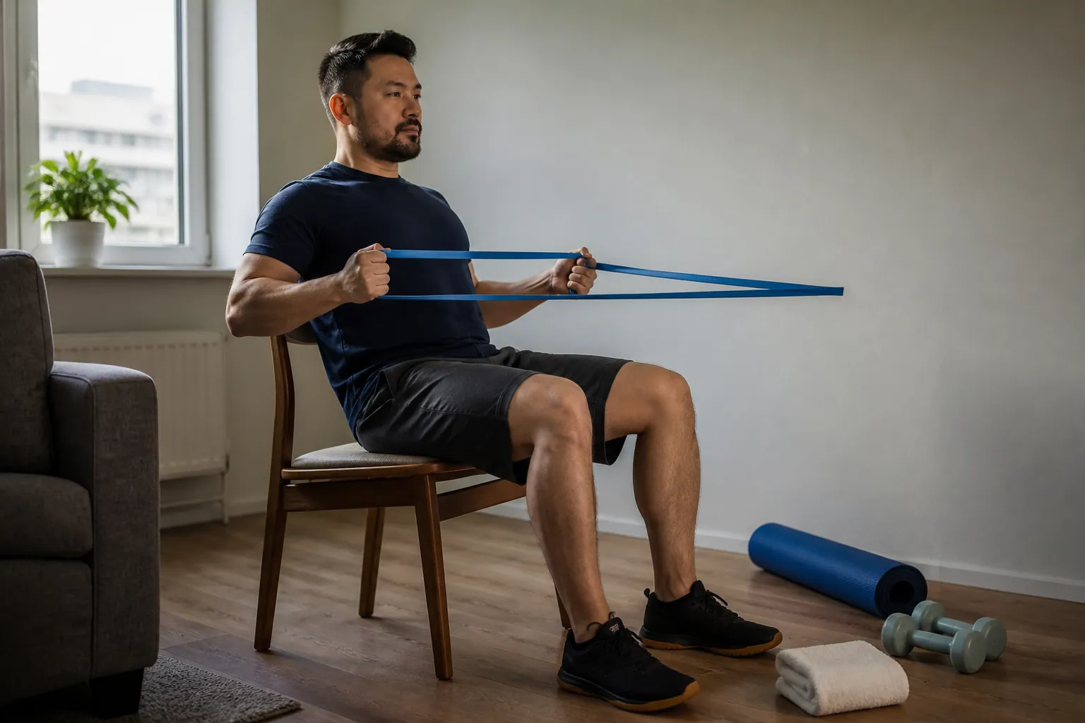 Person in a compact apartment corner doing a seated resistance-band row with a chair, towel, mat, and light dumbbells nearby