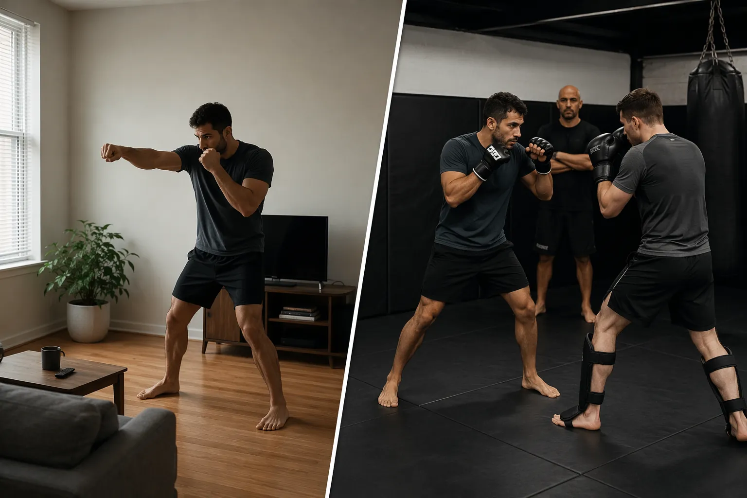 Person training alone in a small apartment contrasted with coached partner training in a gym