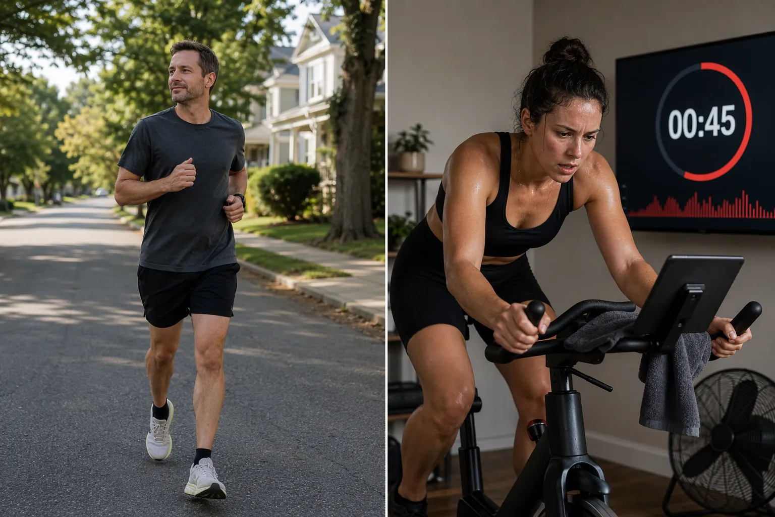 A relaxed jogger contrasted with a home spin bike rider working at high effort