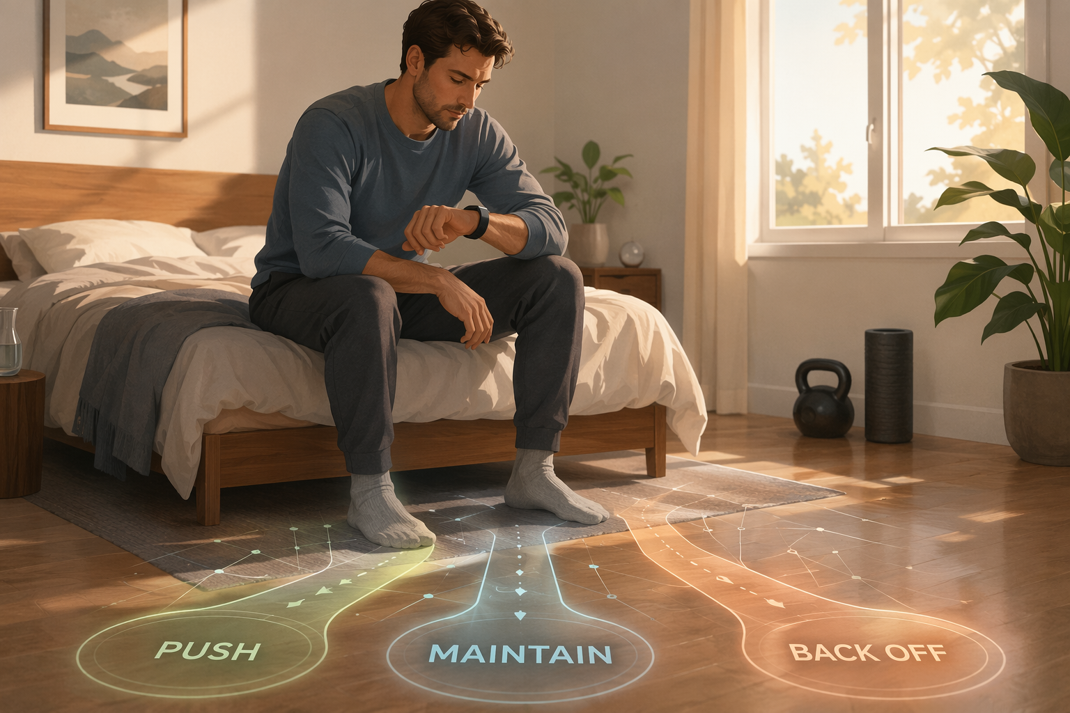 Person checking a wearable in the morning with push, maintain, and back off decision paths