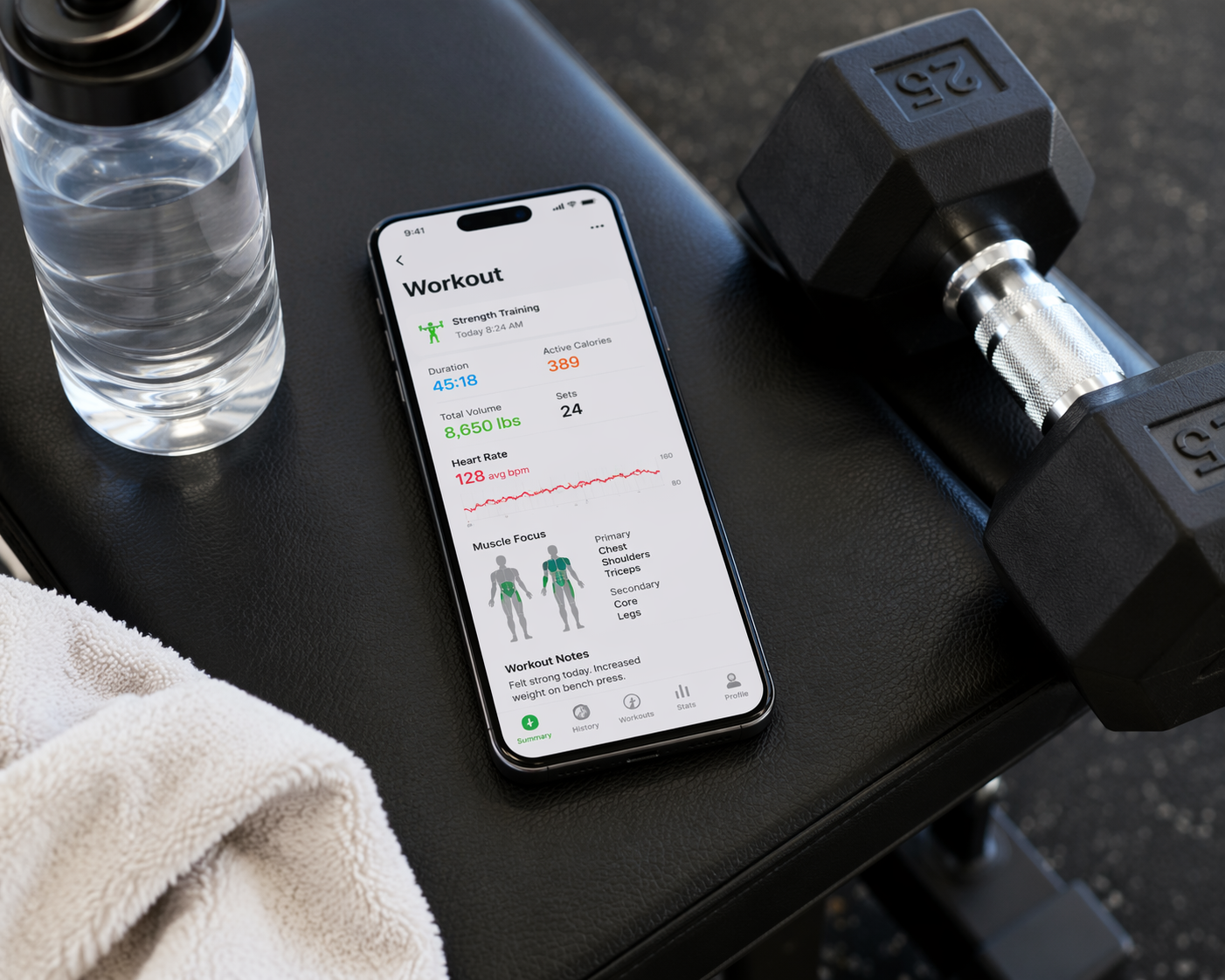 Smartphone on a gym bench beside dumbbells and a water bottle with a workout tracking app open