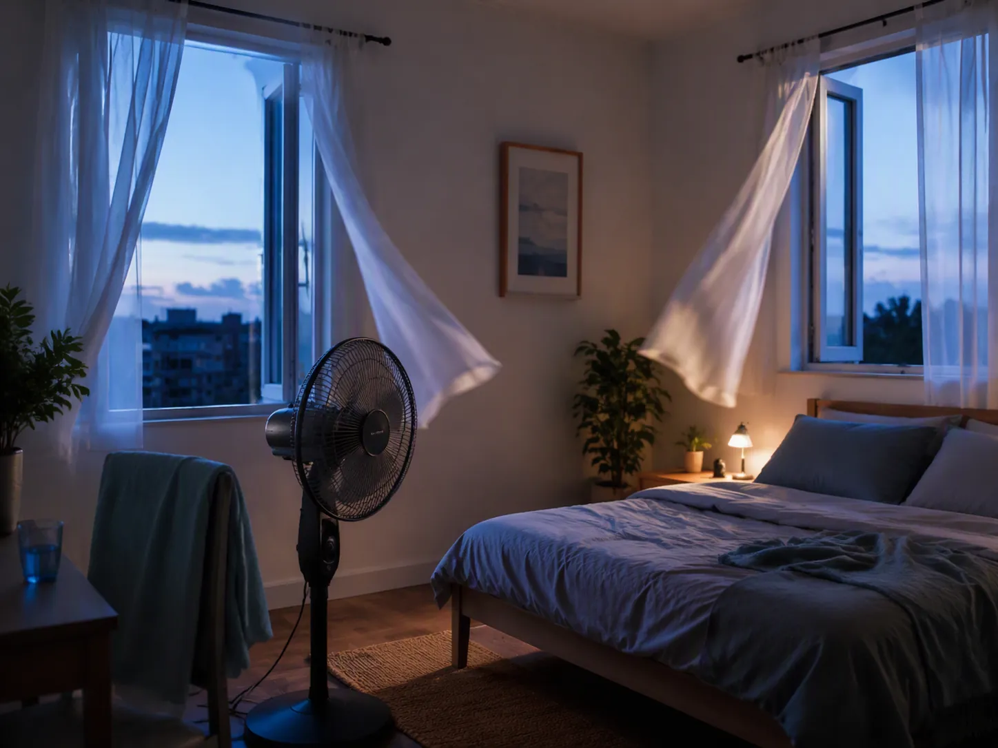 A small no-AC bedroom set up for cooling with a fan, damp towel, and open windows creating a cross-breeze