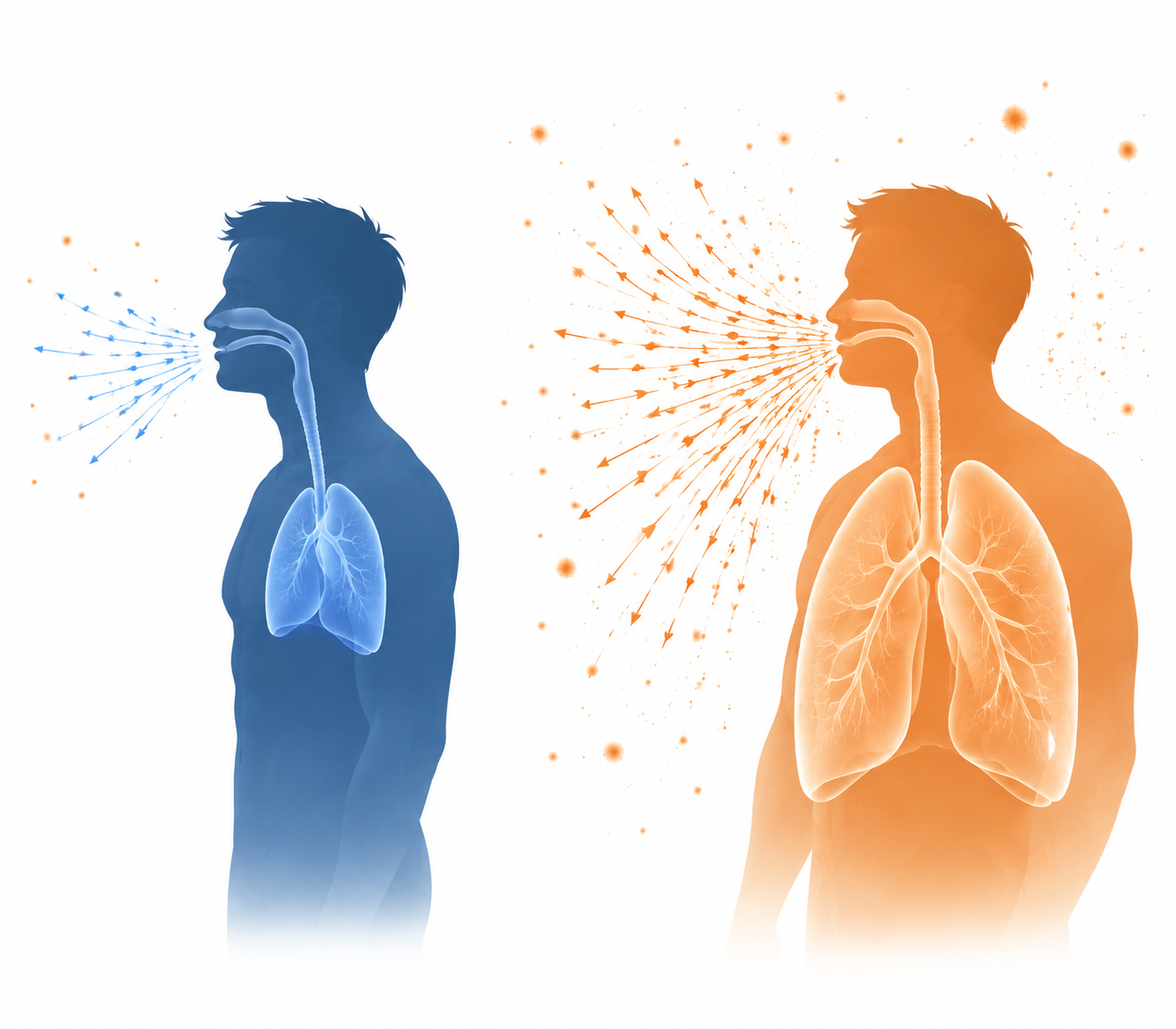 Illustration comparing slow breathing with heavy exercise breathing and smoke particle exposure