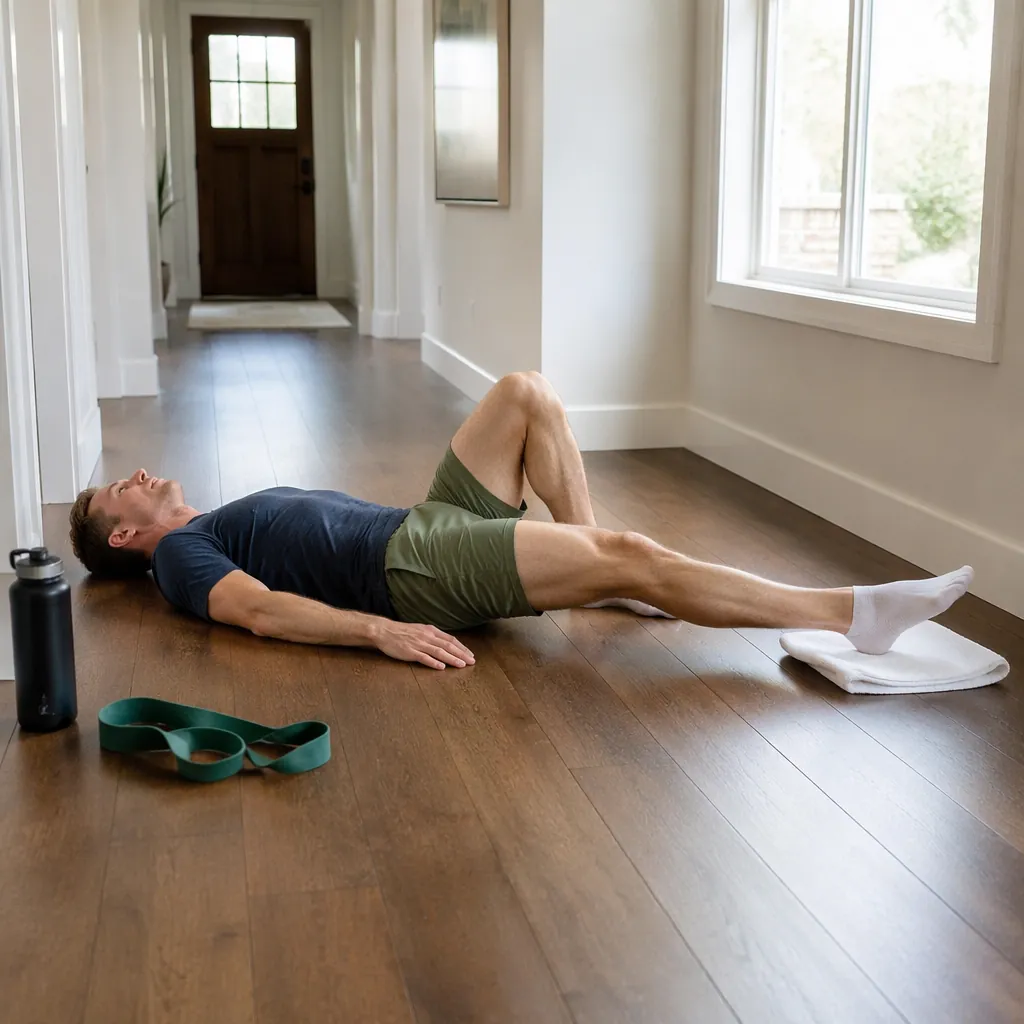 Athlete performing a hamstring slider eccentric exercise on a hardwood floor with one heel on a folded towel