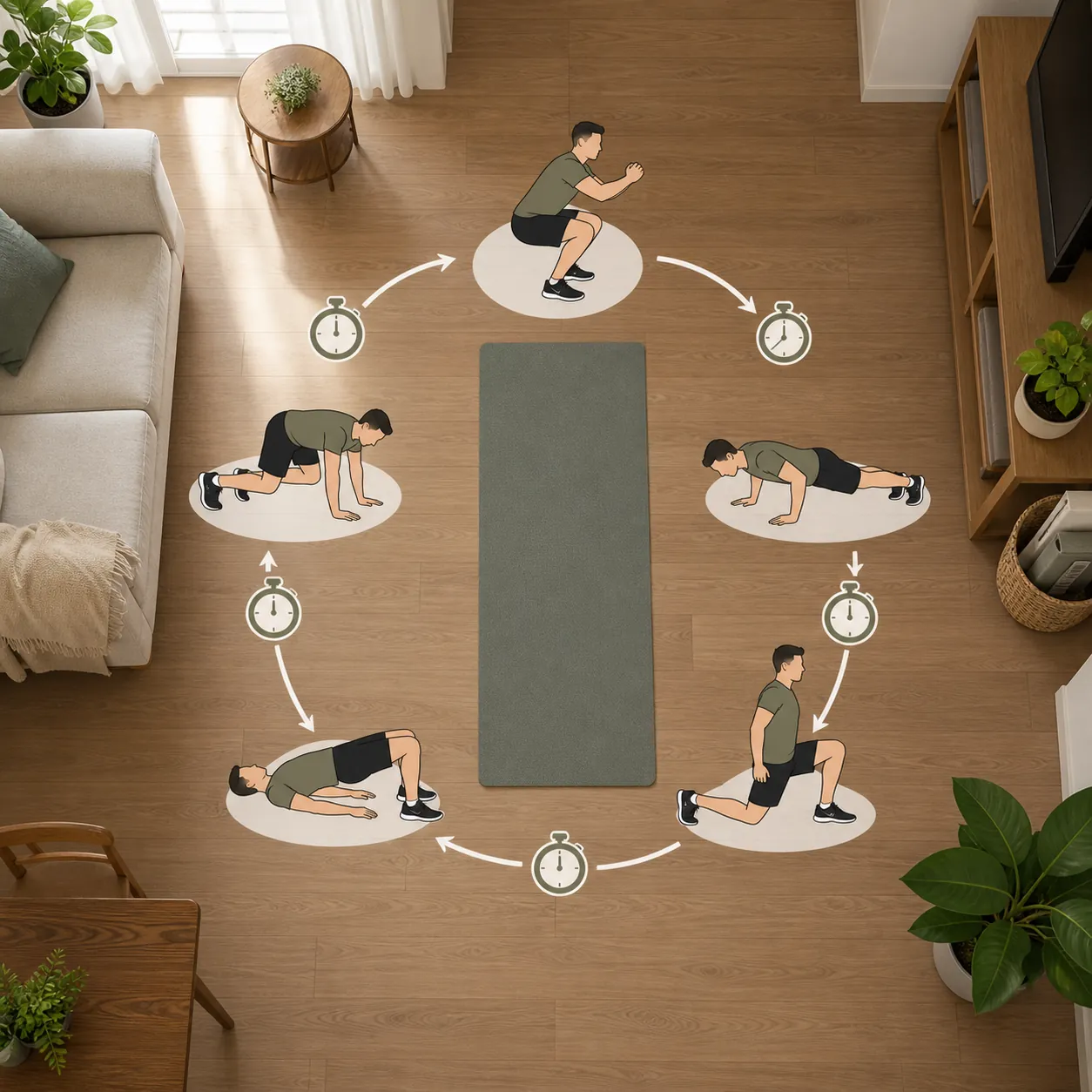 Illustrated bodyweight workout circuit on a yoga mat over apartment flooring
