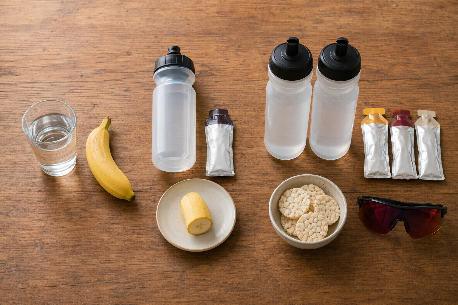 Three increasing endurance fueling setups with water, banana, gels, bottles, and rice cakes