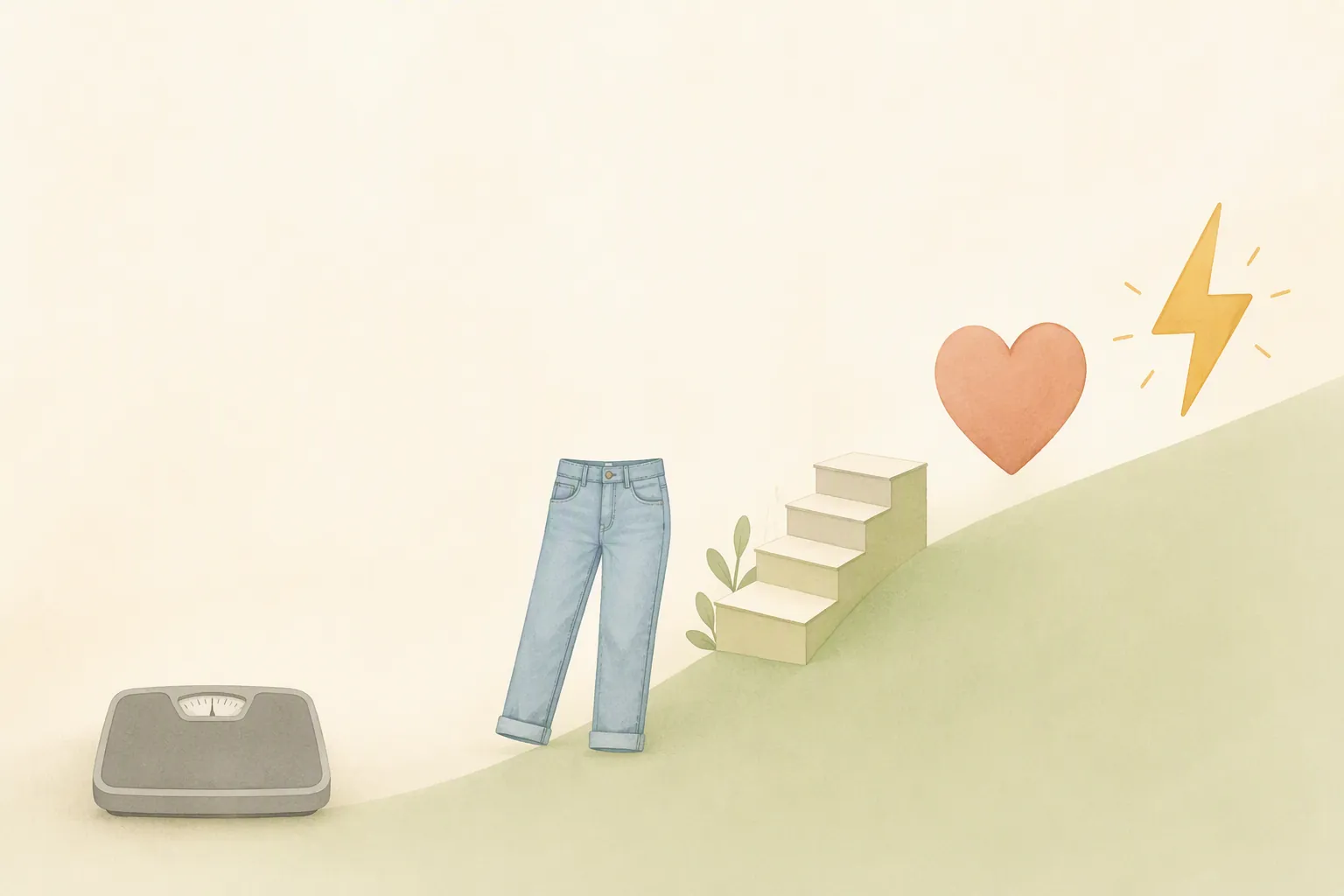 Illustration contrasting a bathroom scale with non-scale wins like jeans, stairs, heart health, and energy