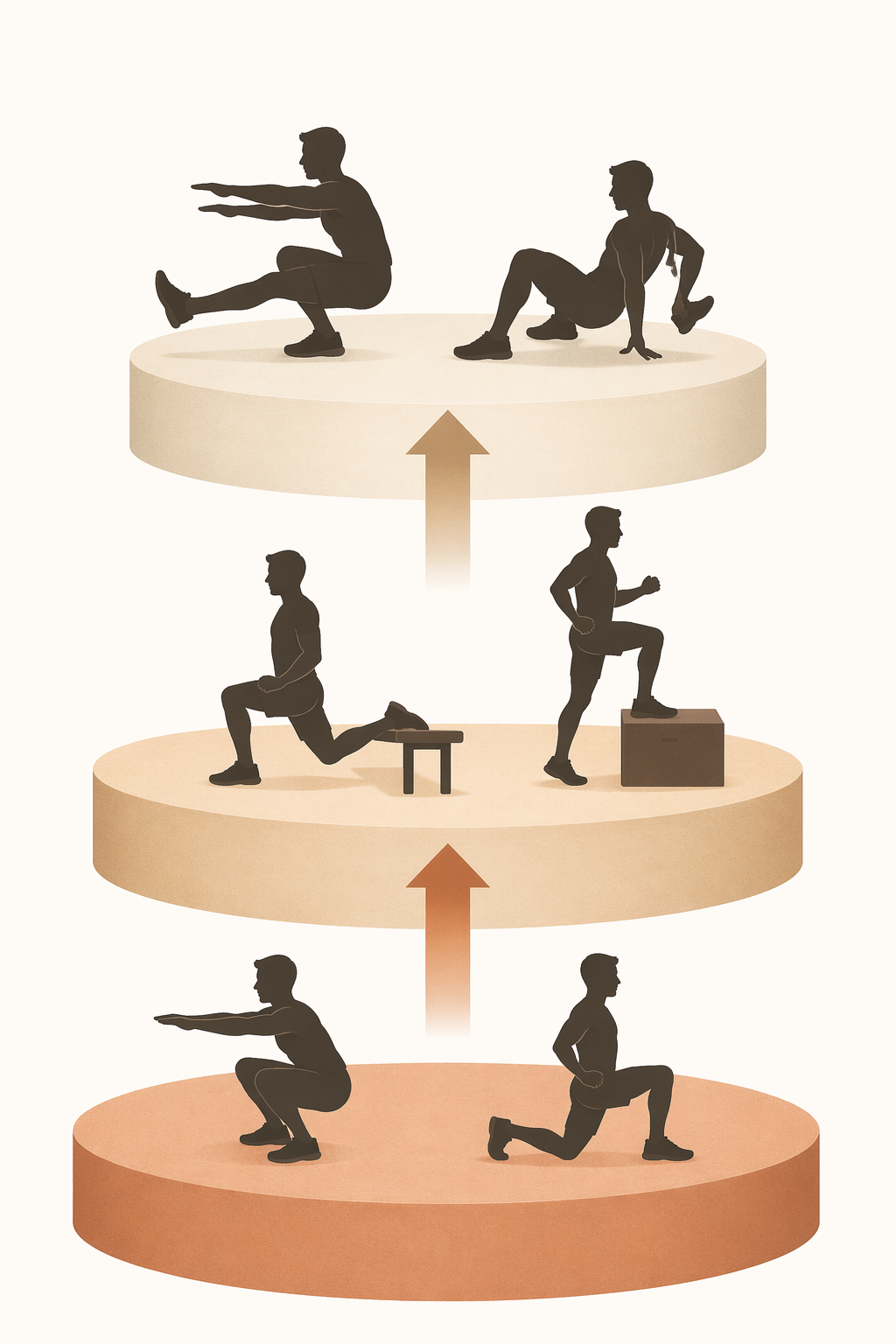 A clean editorial illustration showing three ascending tiers of exercise silhouettes. The bottom tier shows bodyweight squats and lunges, the middle tier shows Bulgarian split squats and step-ups, and the top tier shows pistol squats and shrimp squats. Upward arrows connect the tiers, indicating a progression path. Warm earth-tone palette against a light background. No text appears in the image.