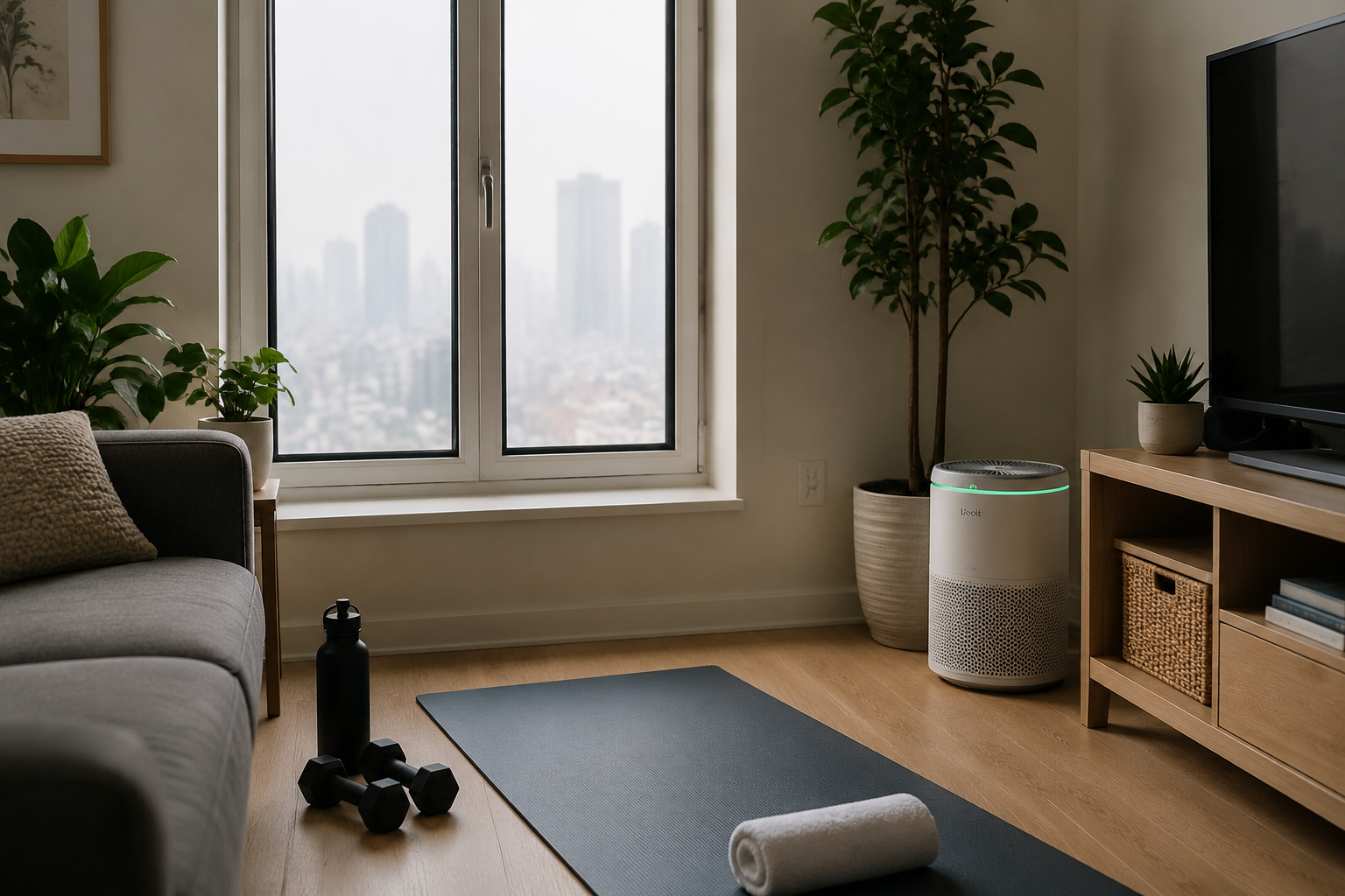 A small apartment room prepared for an indoor workout with a sealed window, HEPA purifier, and yoga mat between furniture