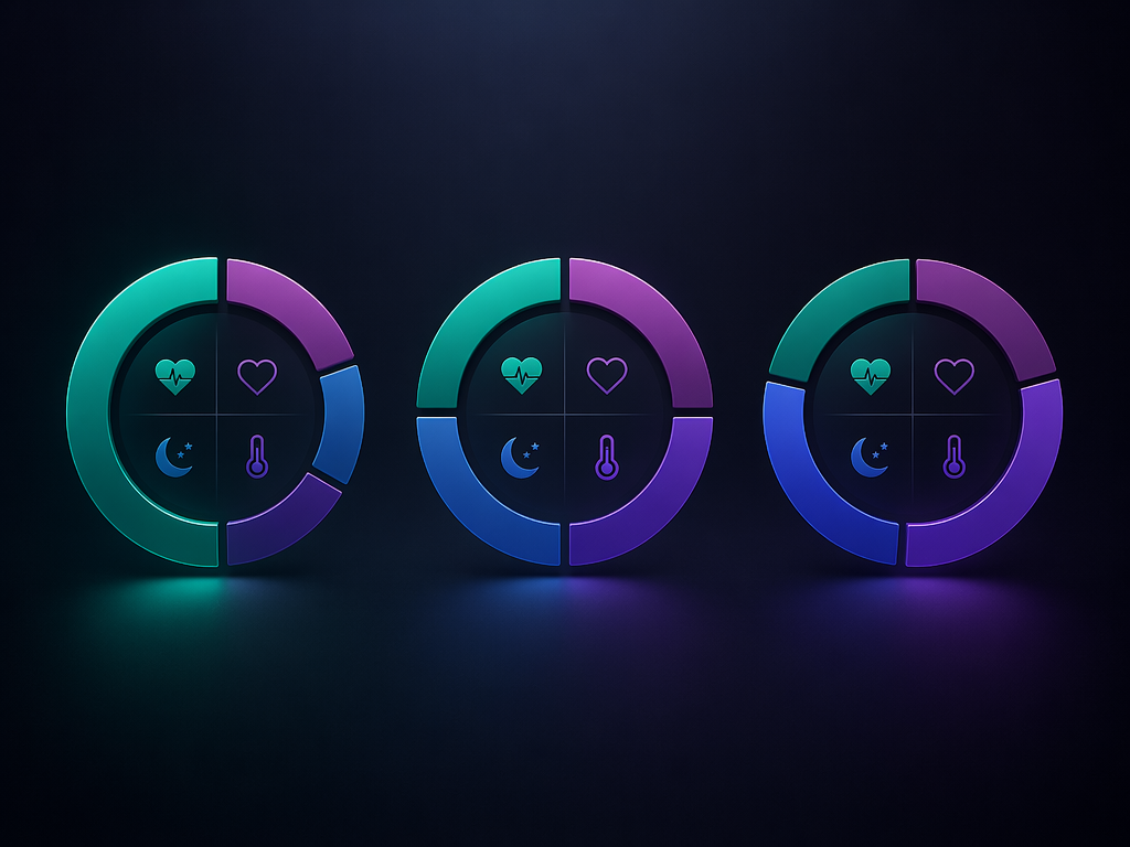 Three circular dials showing different weights for HRV, resting heart rate, sleep stages, and temperature