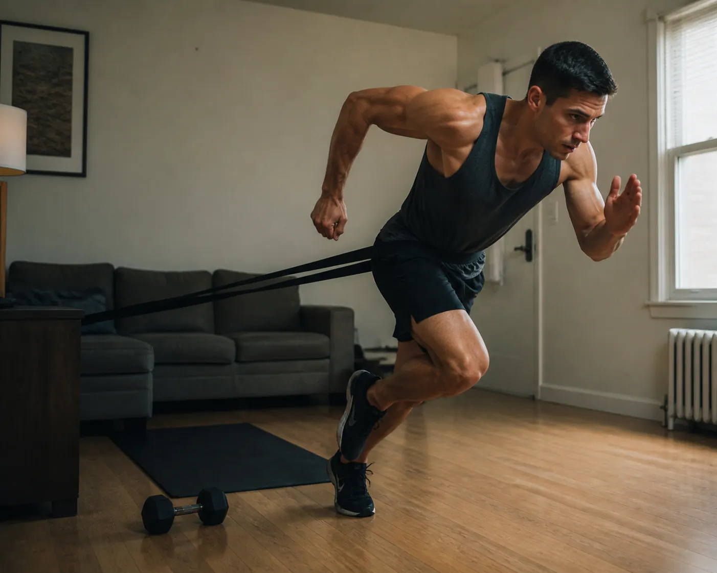 Lean athlete sprinting against a resistance band in a small apartment living room