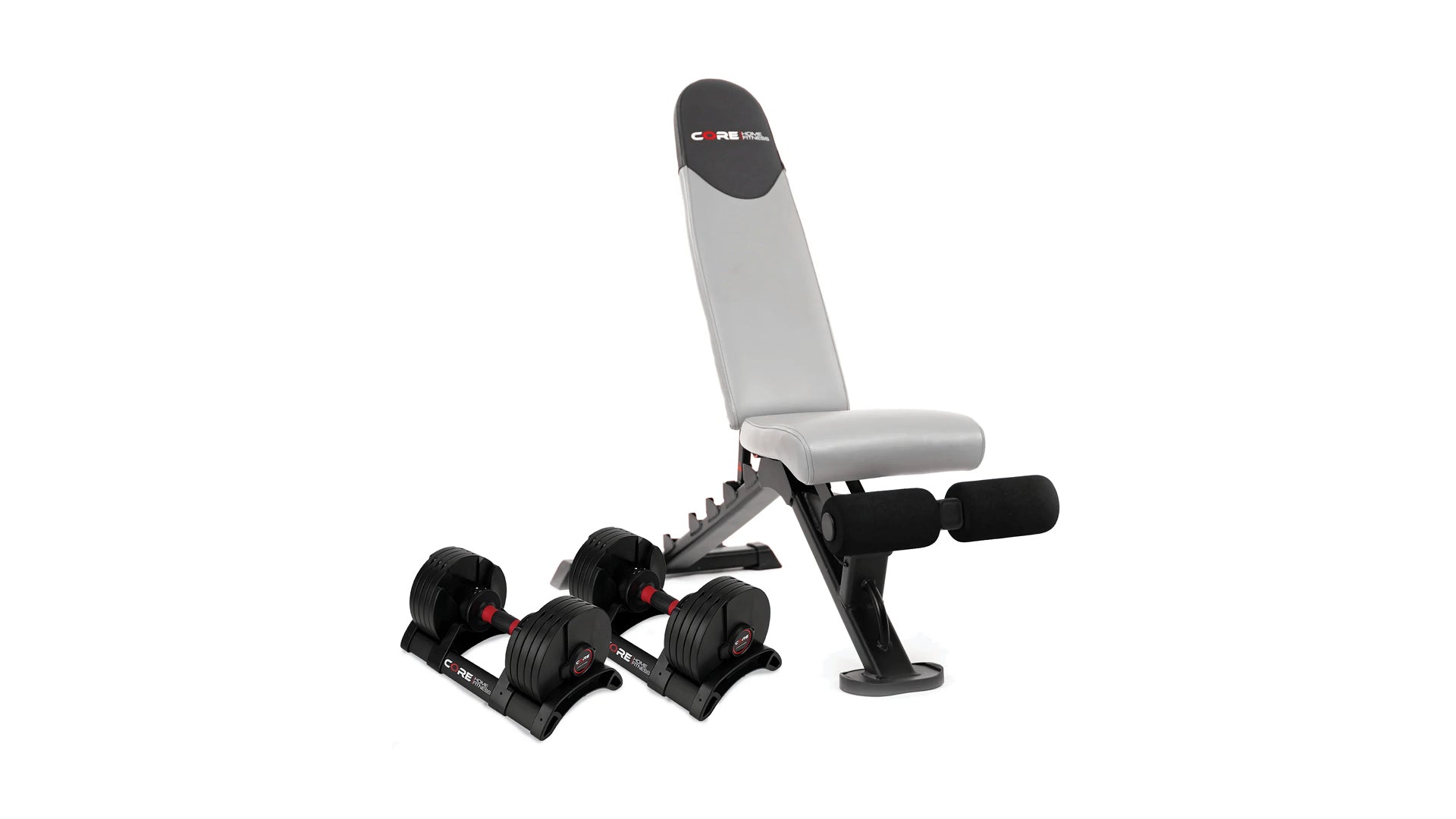 Core Home Fitness adjustable bench with adjustable dumbbells and stand in a home gym