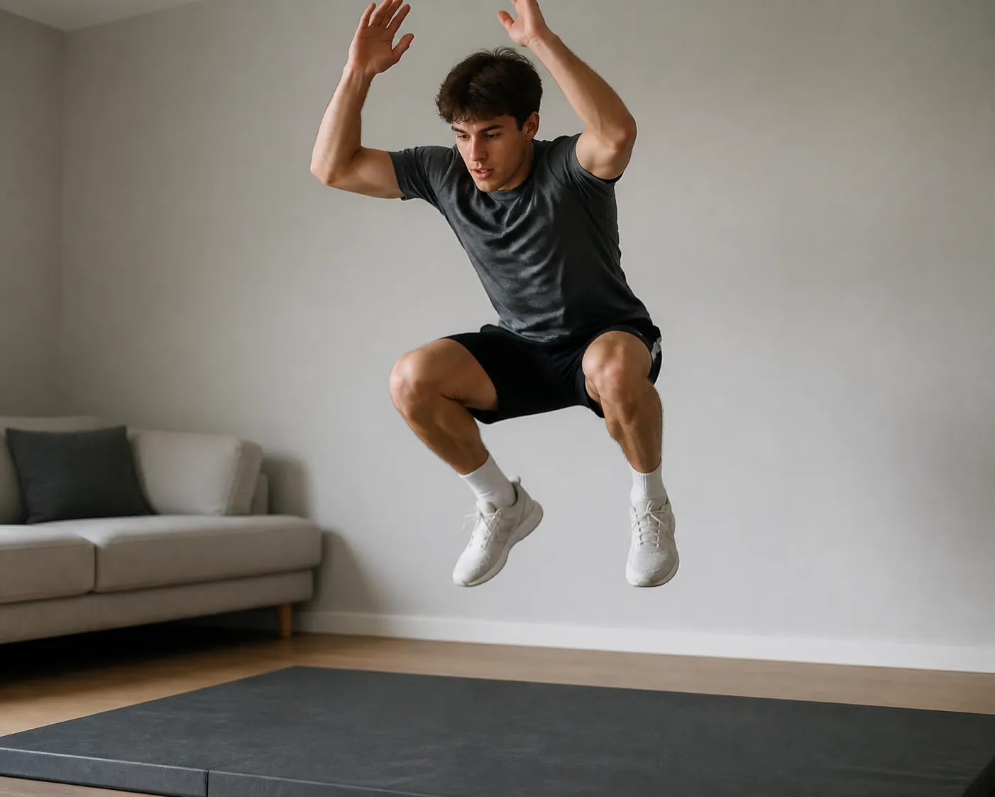 Athlete doing a bodyweight squat jump on a thick exercise mat in a living room