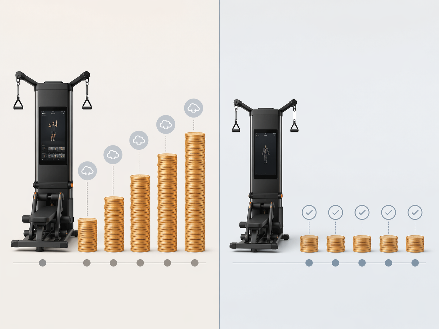 Two smart home gym machines compared by five-year cost, one with growing subscription fees and one without