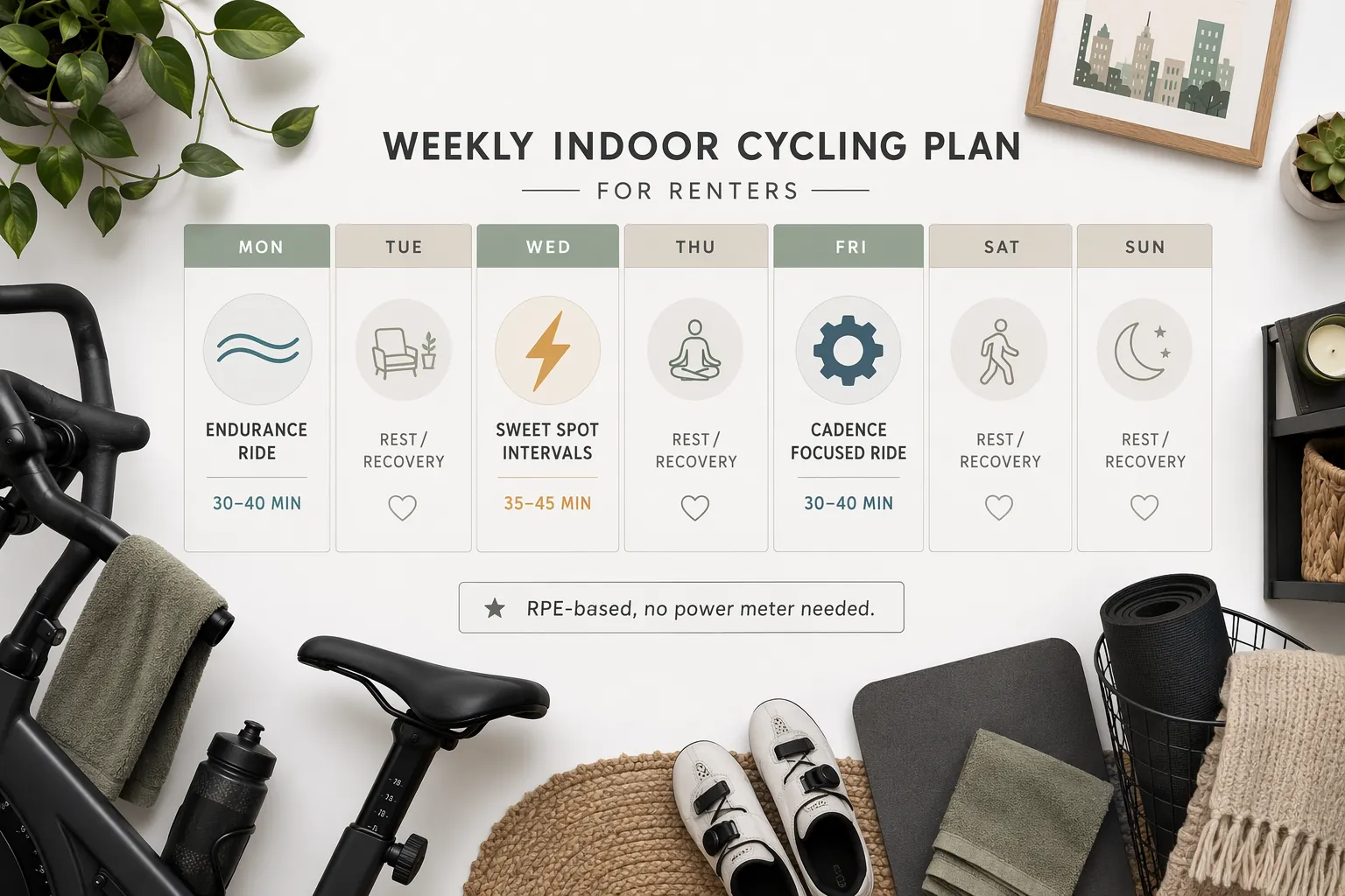 Weekly indoor cycling schedule for renters with endurance, sweet spot, and cadence ride icons