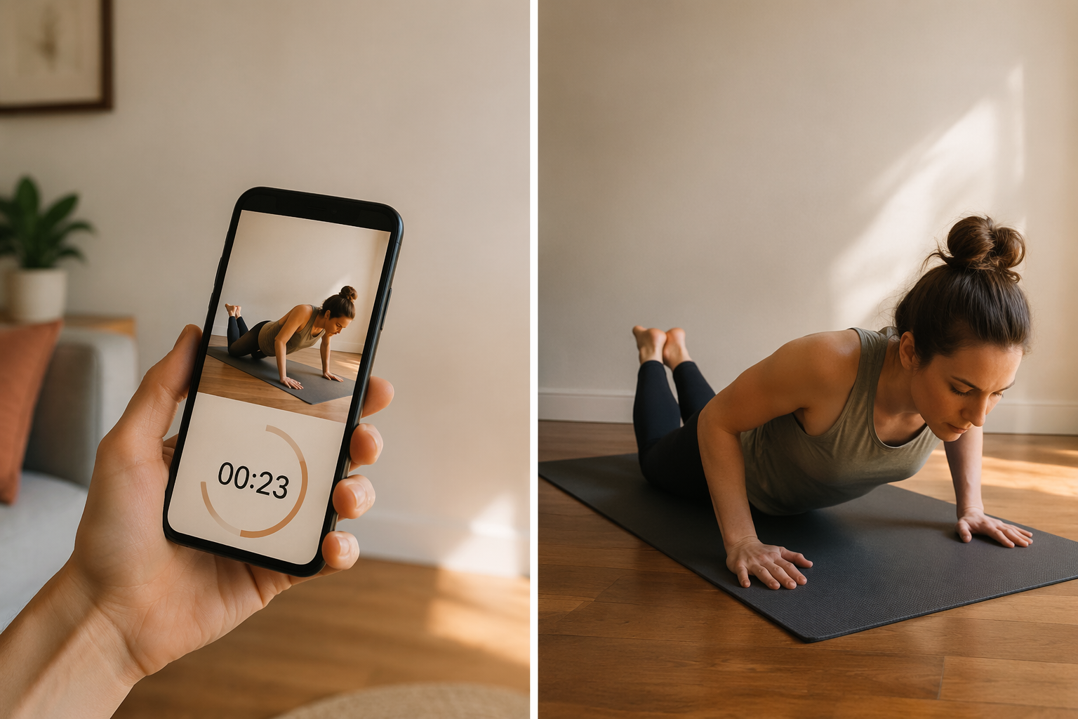 Split-screen editorial photograph. Left side shows a smartphone held in one hand against a neutral home wall, the screen displaying a workout app with an exercise video and timer. Right side shows a person in casual athletic wear doing a modified push-up on a yoga mat on a wood floor. Warm natural lighting, no gym equipment visible.