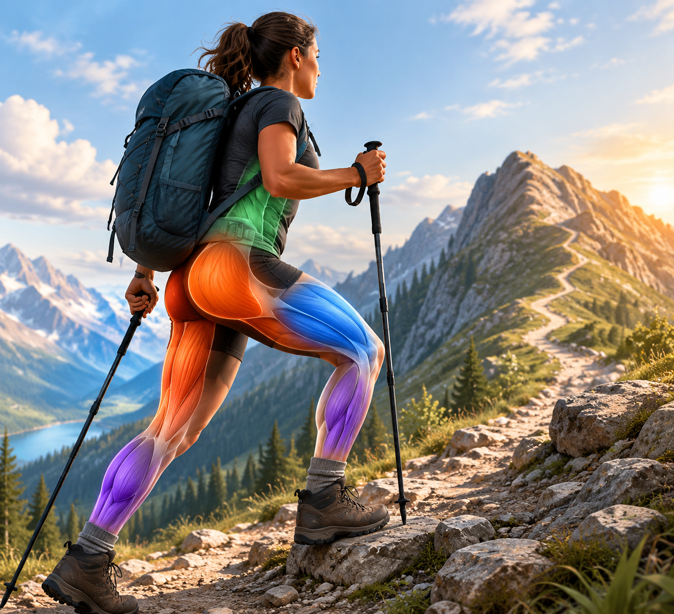 Illustration of a hiker showing glutes, hamstrings, quadriceps, core, hip stabilizers, and calves used on uneven mountain terrain